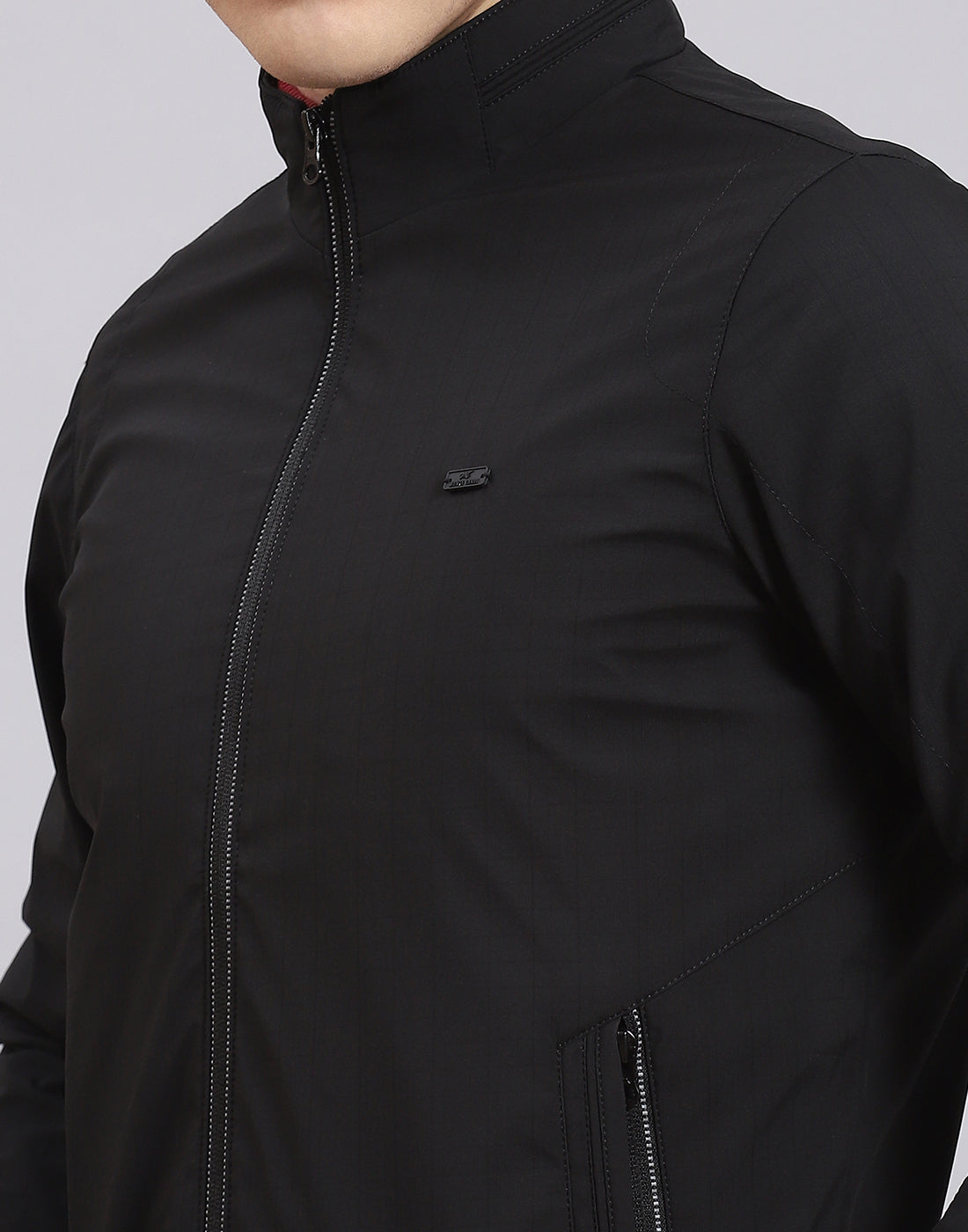 Men Black Printed Stand Collar Full Sleeve Jacket