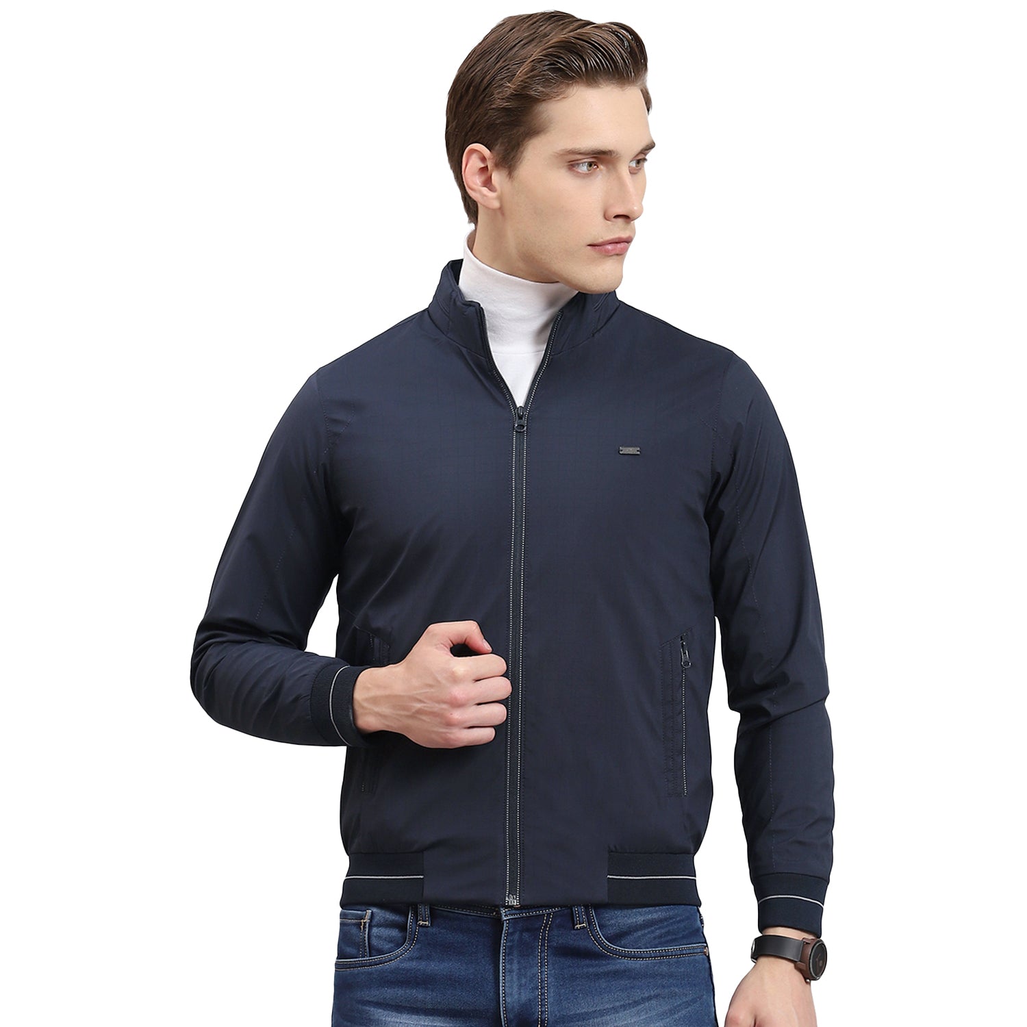 Men Navy Blue Printed Stand Collar Full Sleeve Jacket