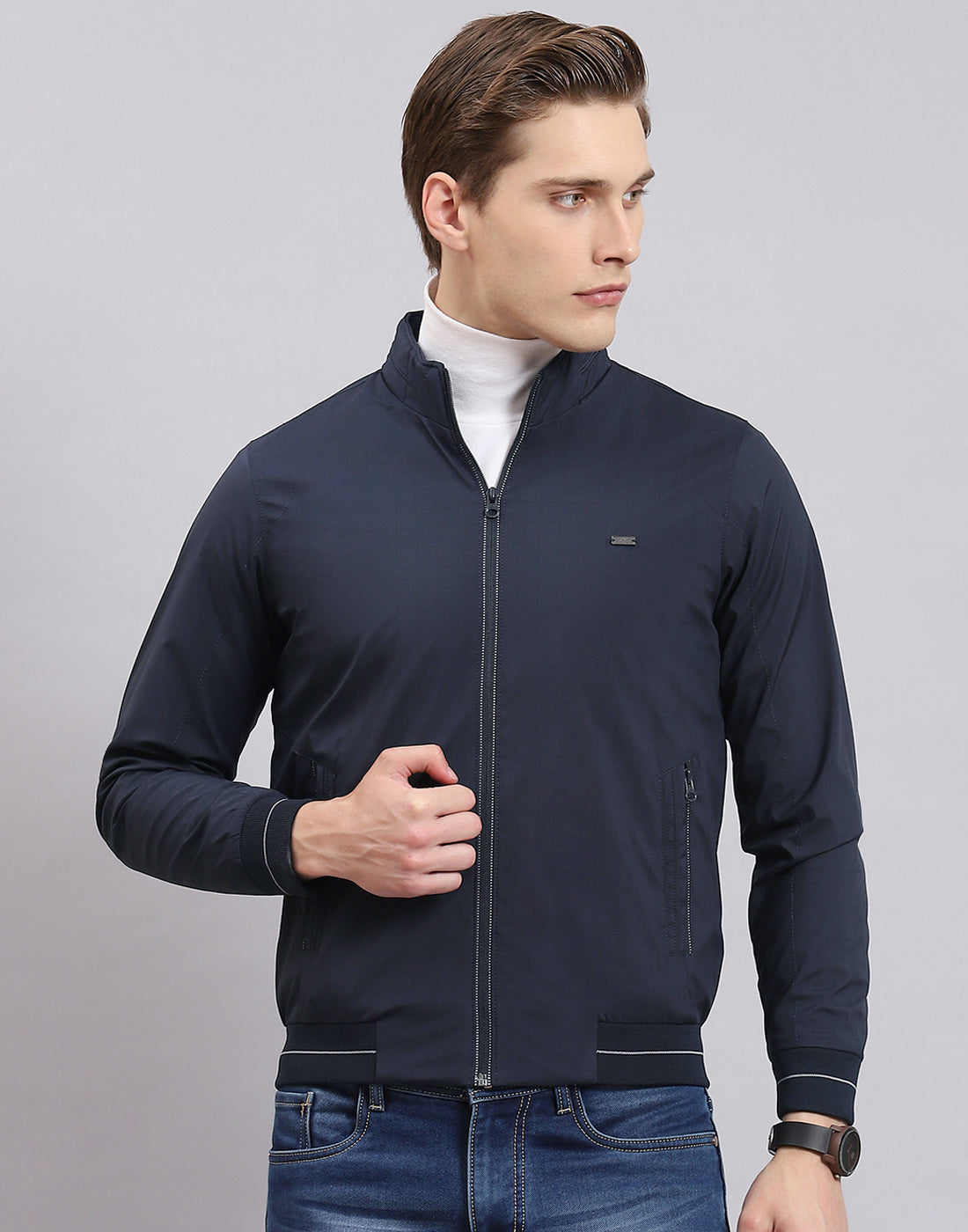 Men Navy Blue Printed Stand Collar Full Sleeve Jacket