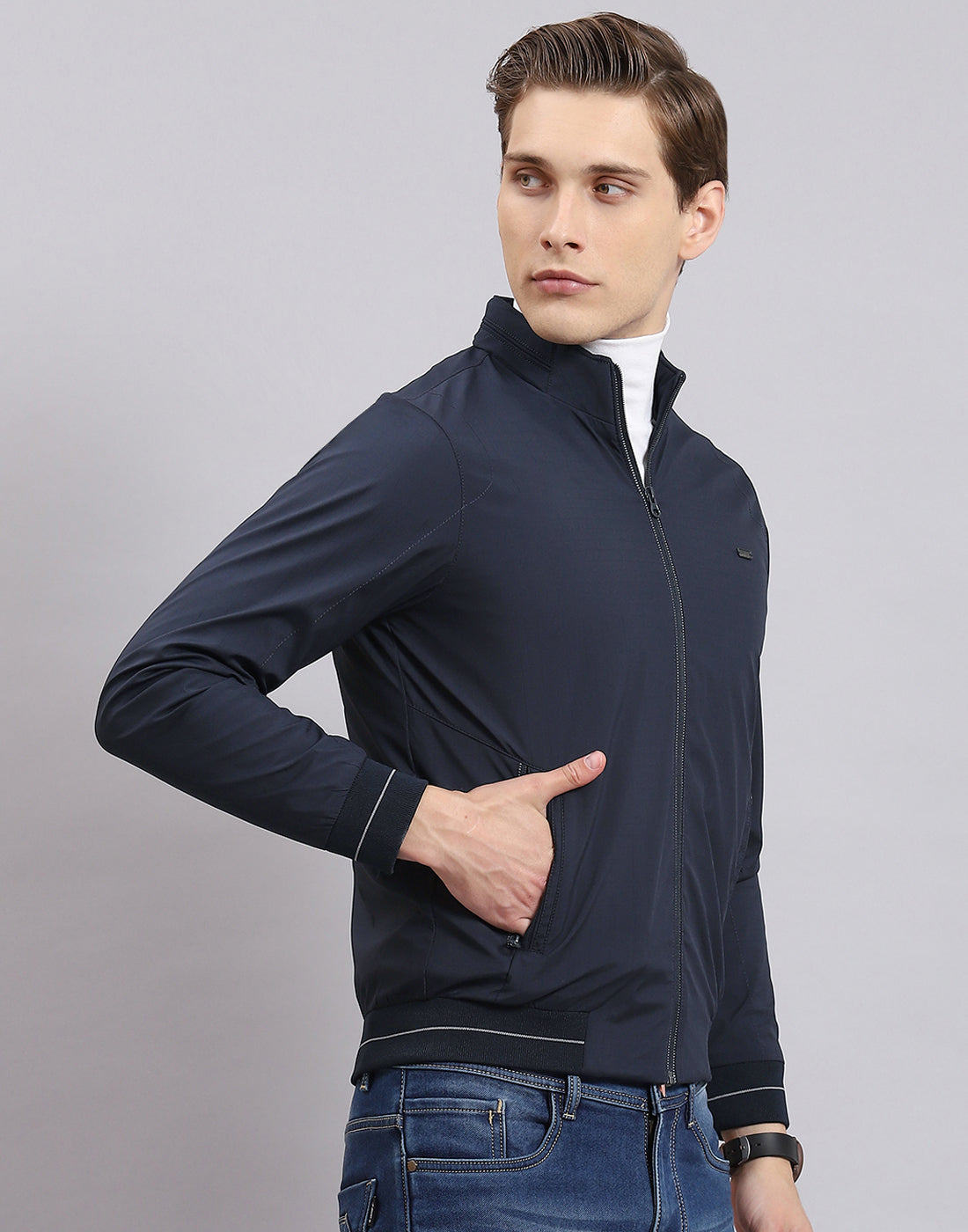 Men Navy Blue Printed Stand Collar Full Sleeve Jacket