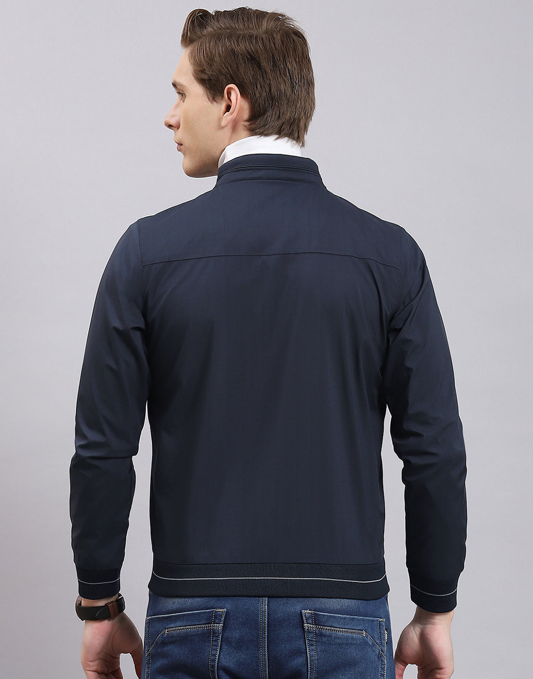 Men Navy Blue Printed Stand Collar Full Sleeve Jacket