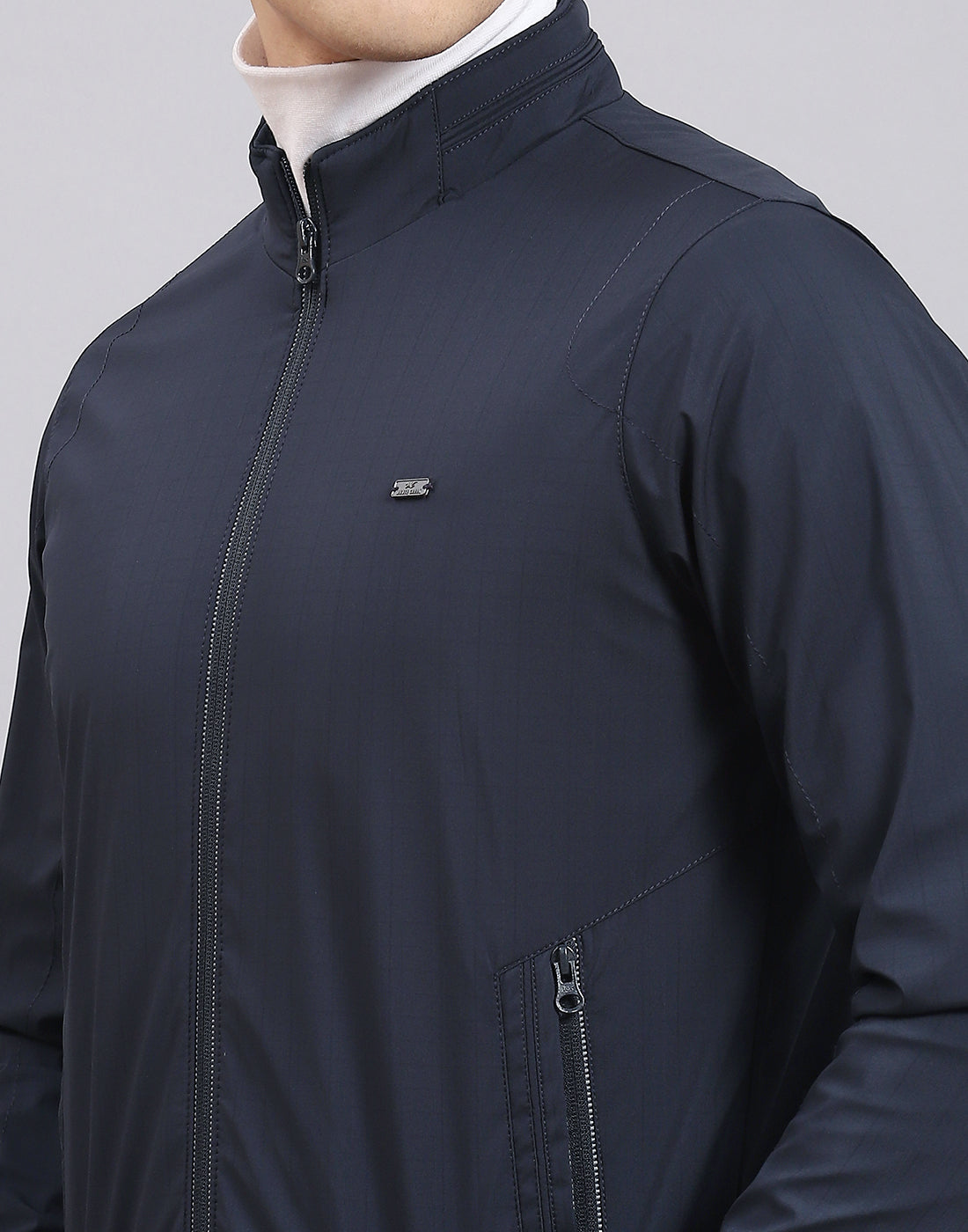 Men Navy Blue Printed Stand Collar Full Sleeve Jacket