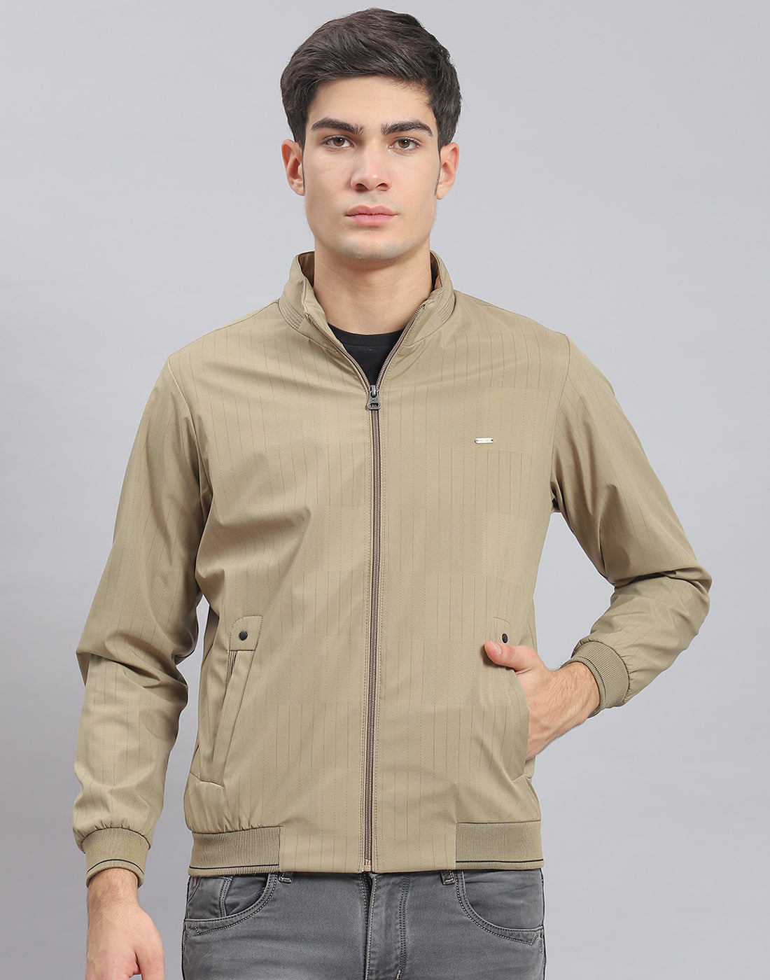 Men Brown Stripe Stand Collar Full Sleeve Jacket