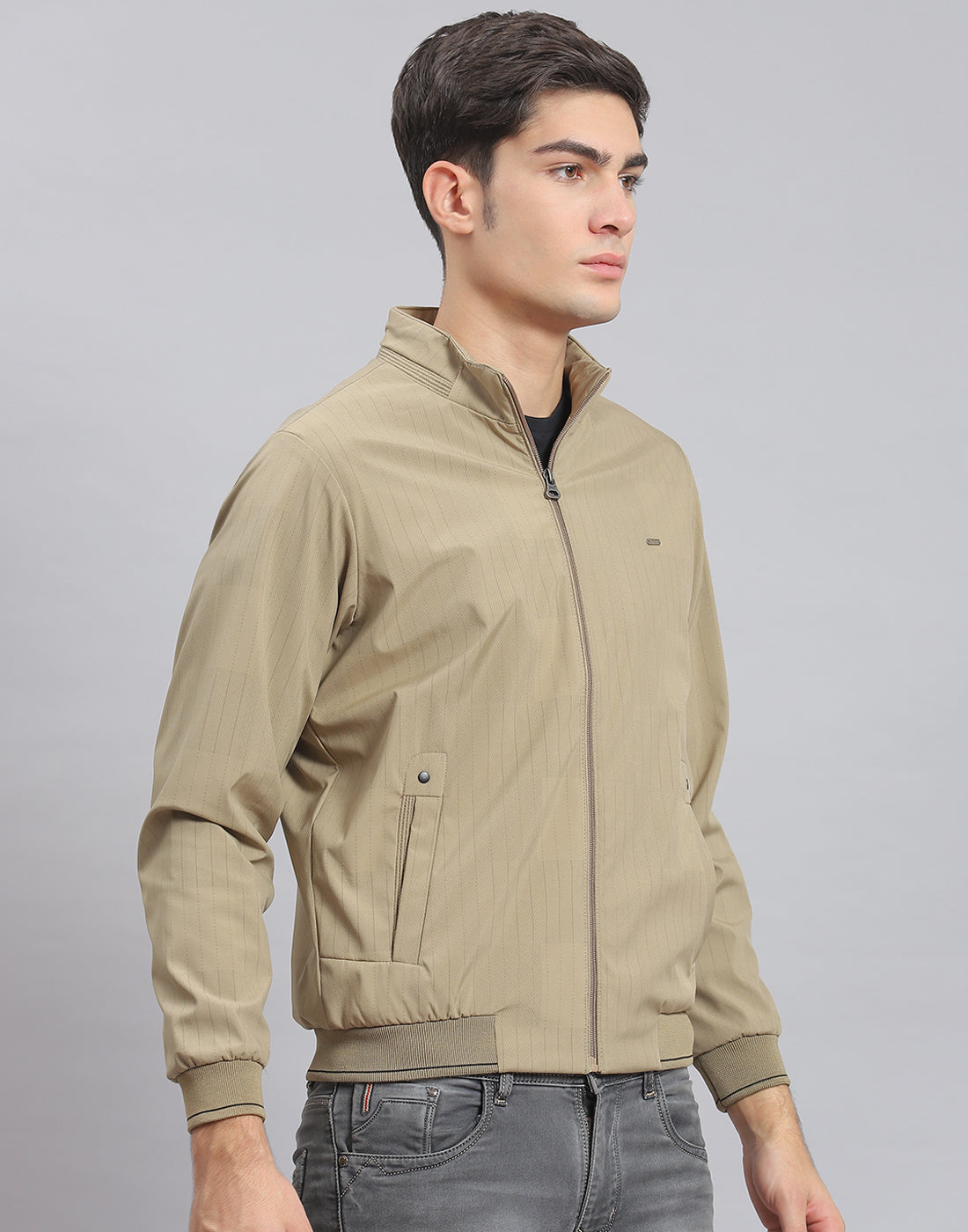 Men Brown Stripe Stand Collar Full Sleeve Jacket