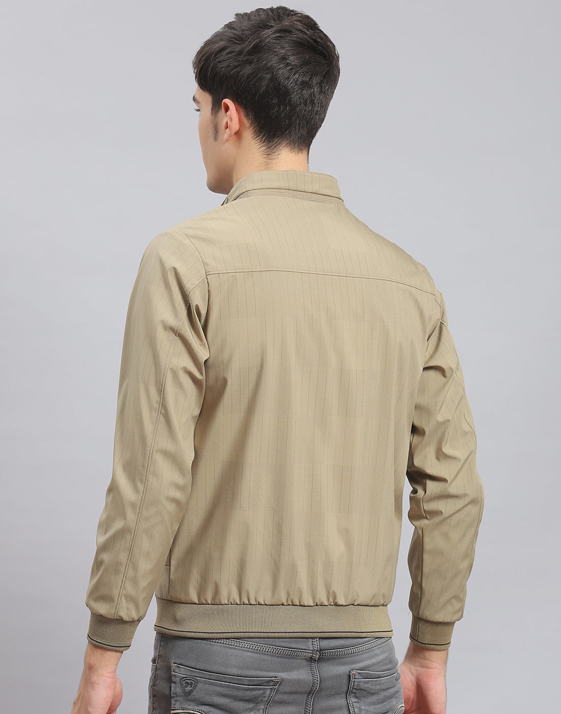 Men Brown Stripe Stand Collar Full Sleeve Jacket