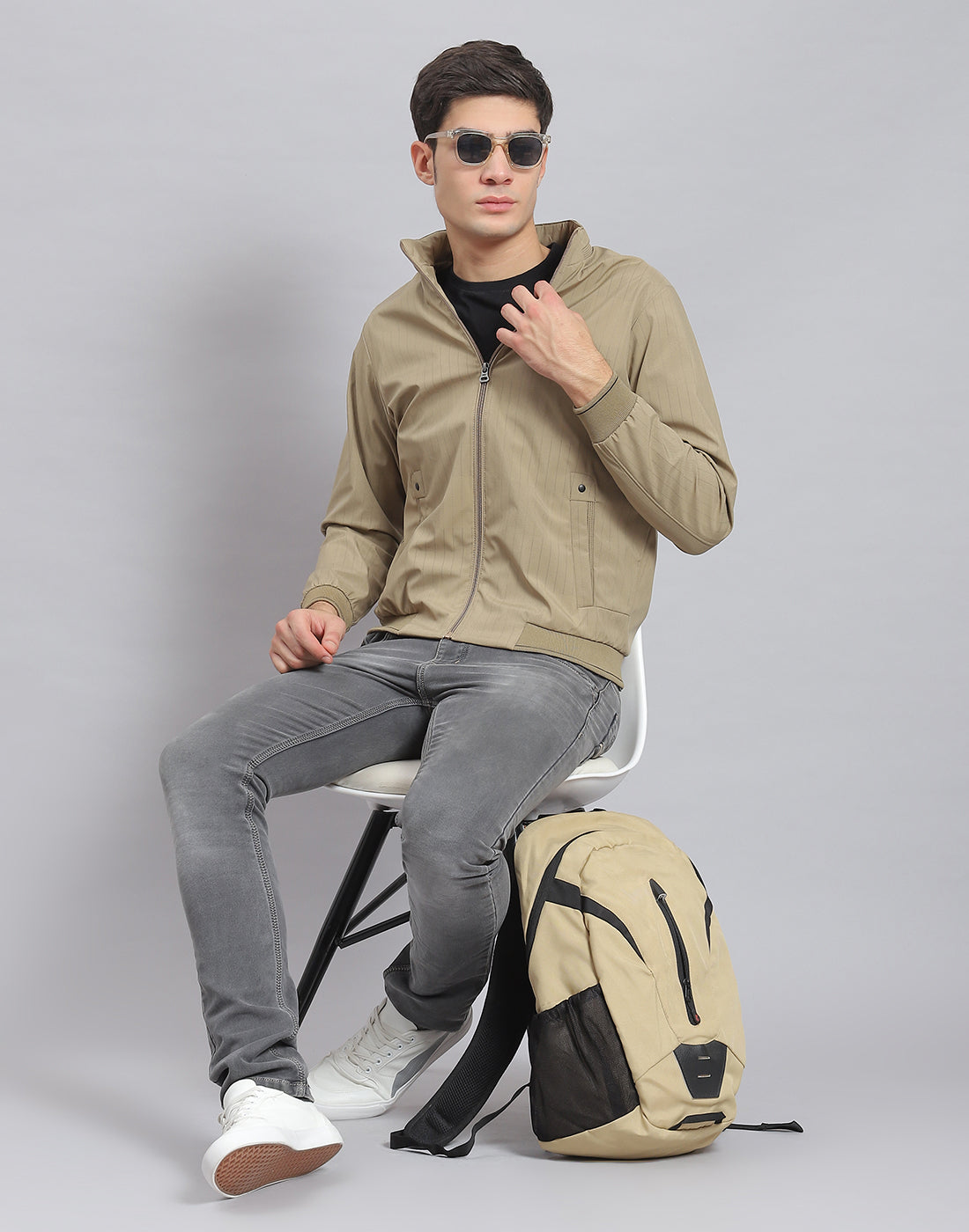 Men Brown Stripe Stand Collar Full Sleeve Jacket