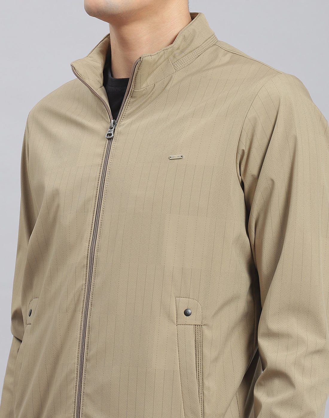 Men Brown Stripe Stand Collar Full Sleeve Jacket