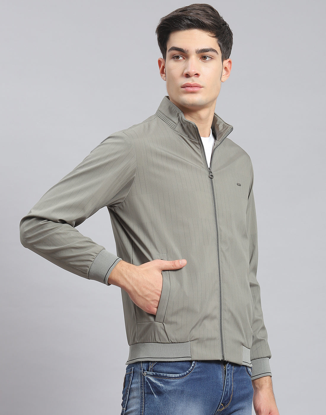 Men Green Stripe Stand Collar Full Sleeve Jacket