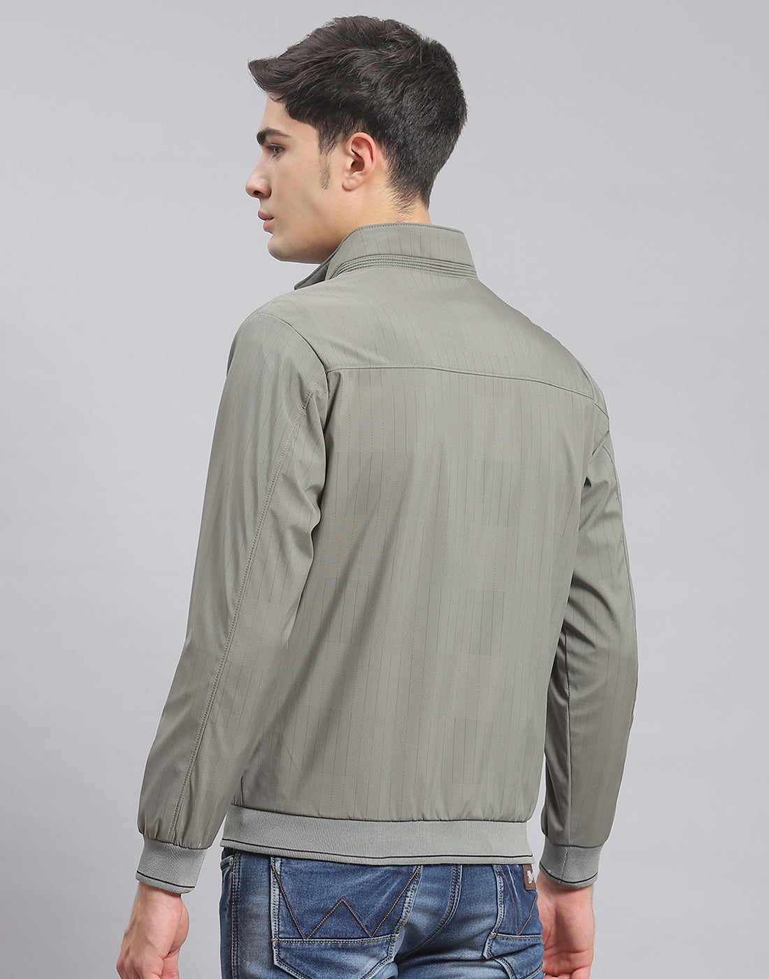 Men Green Stripe Stand Collar Full Sleeve Jacket