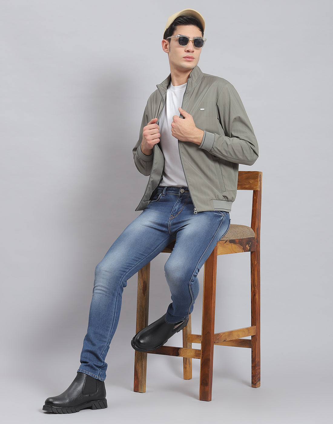 Men Green Stripe Stand Collar Full Sleeve Jacket