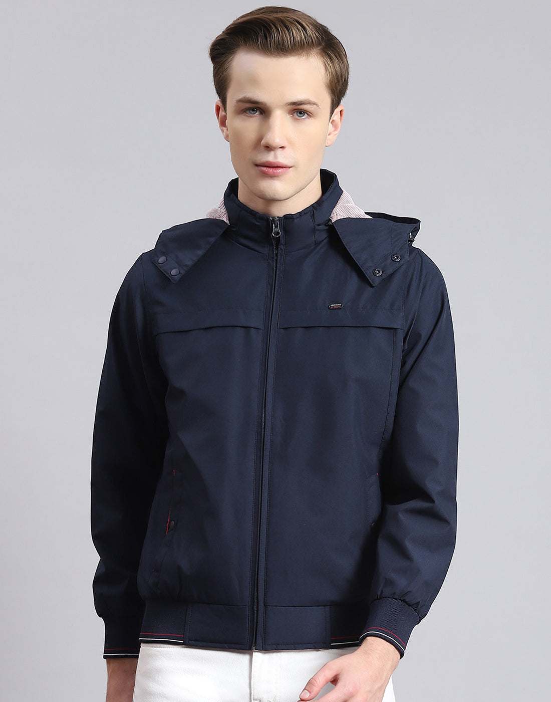 Men Navy Blue Solid Hooded Full Sleeve Jacket