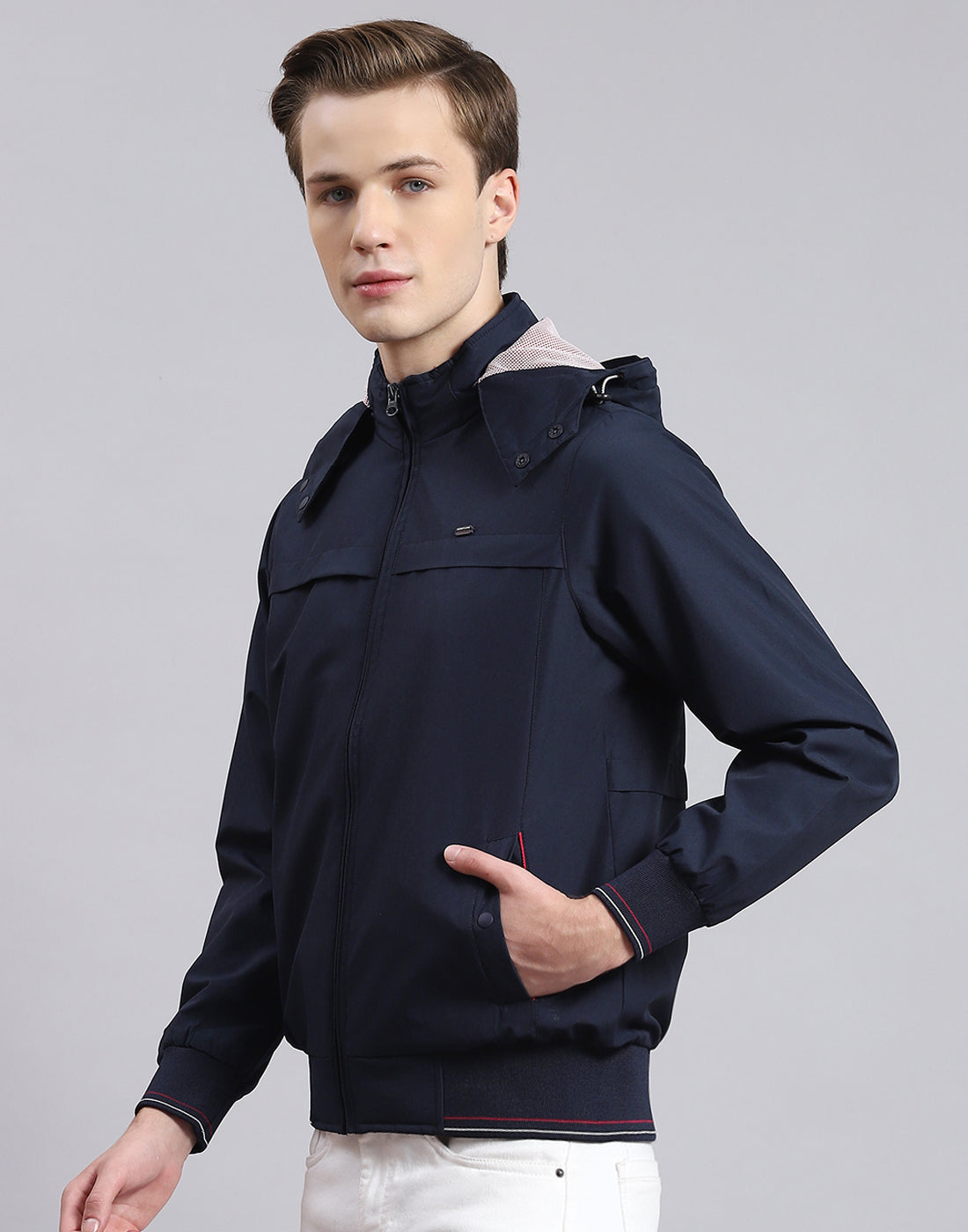 Men Navy Blue Solid Hooded Full Sleeve Jacket