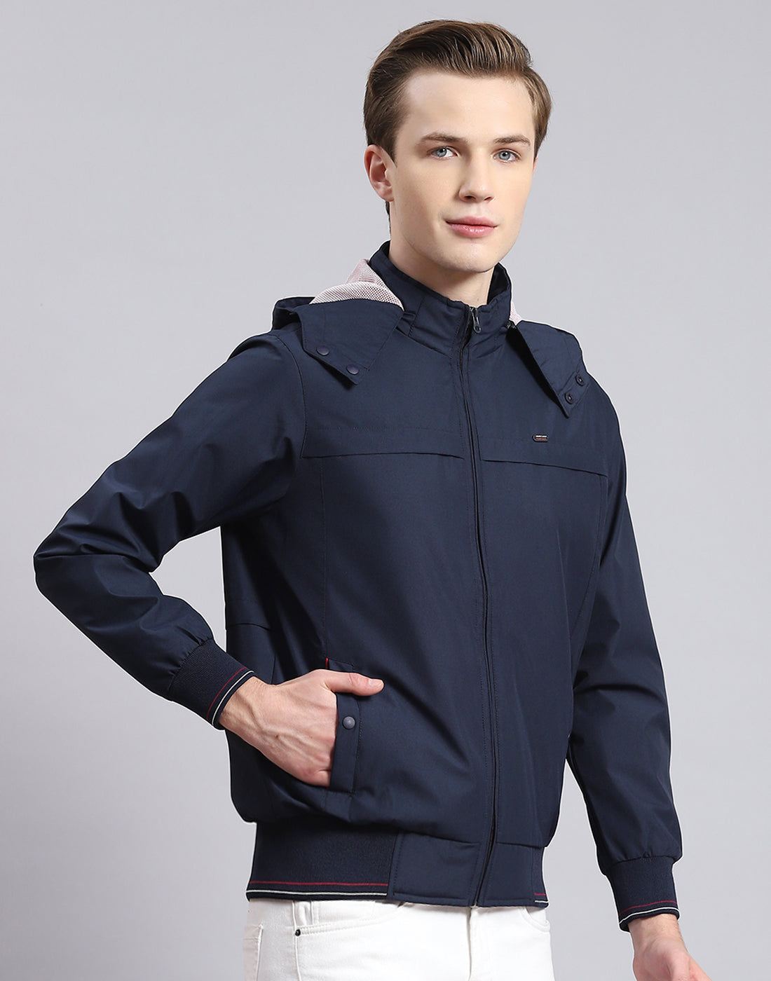 Men Navy Blue Solid Hooded Full Sleeve Jacket