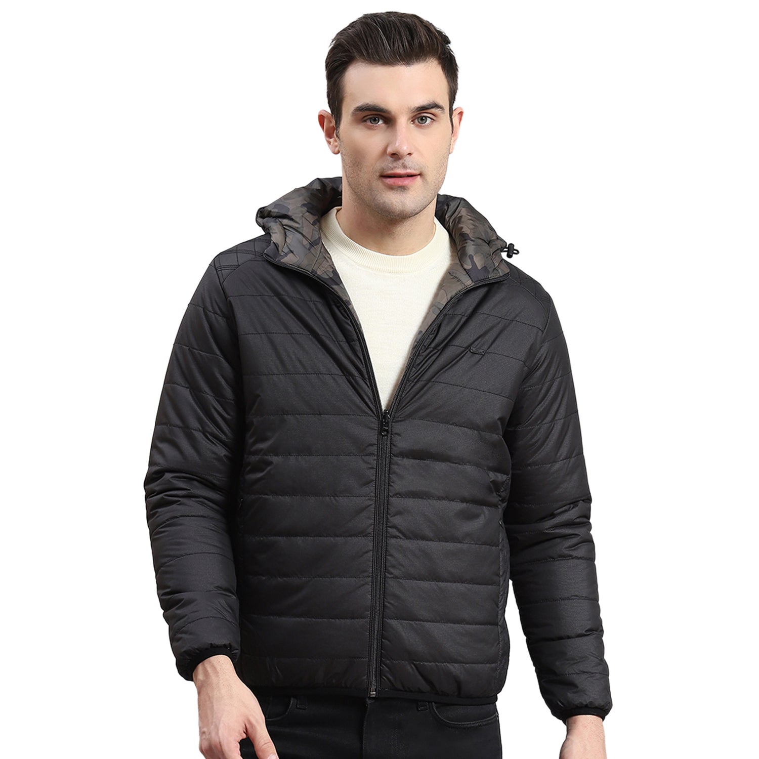 Men Black Printed Stand Collar Full Sleeve Jacket