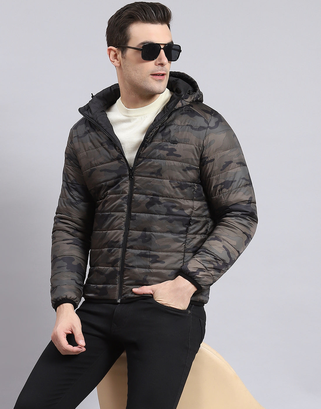 Men Black Printed Stand Collar Full Sleeve Jacket