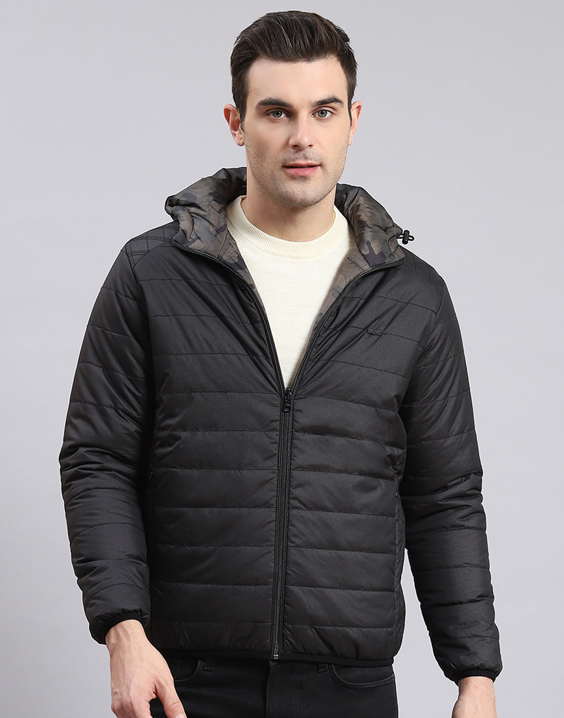 Men Black Printed Stand Collar Full Sleeve Jacket