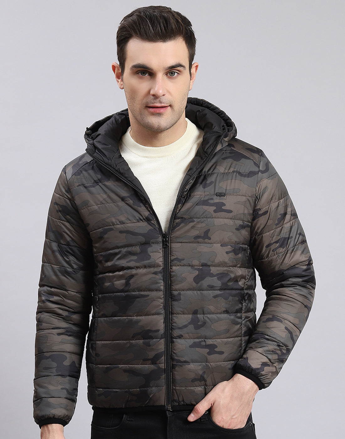 Men Black Printed Stand Collar Full Sleeve Jacket