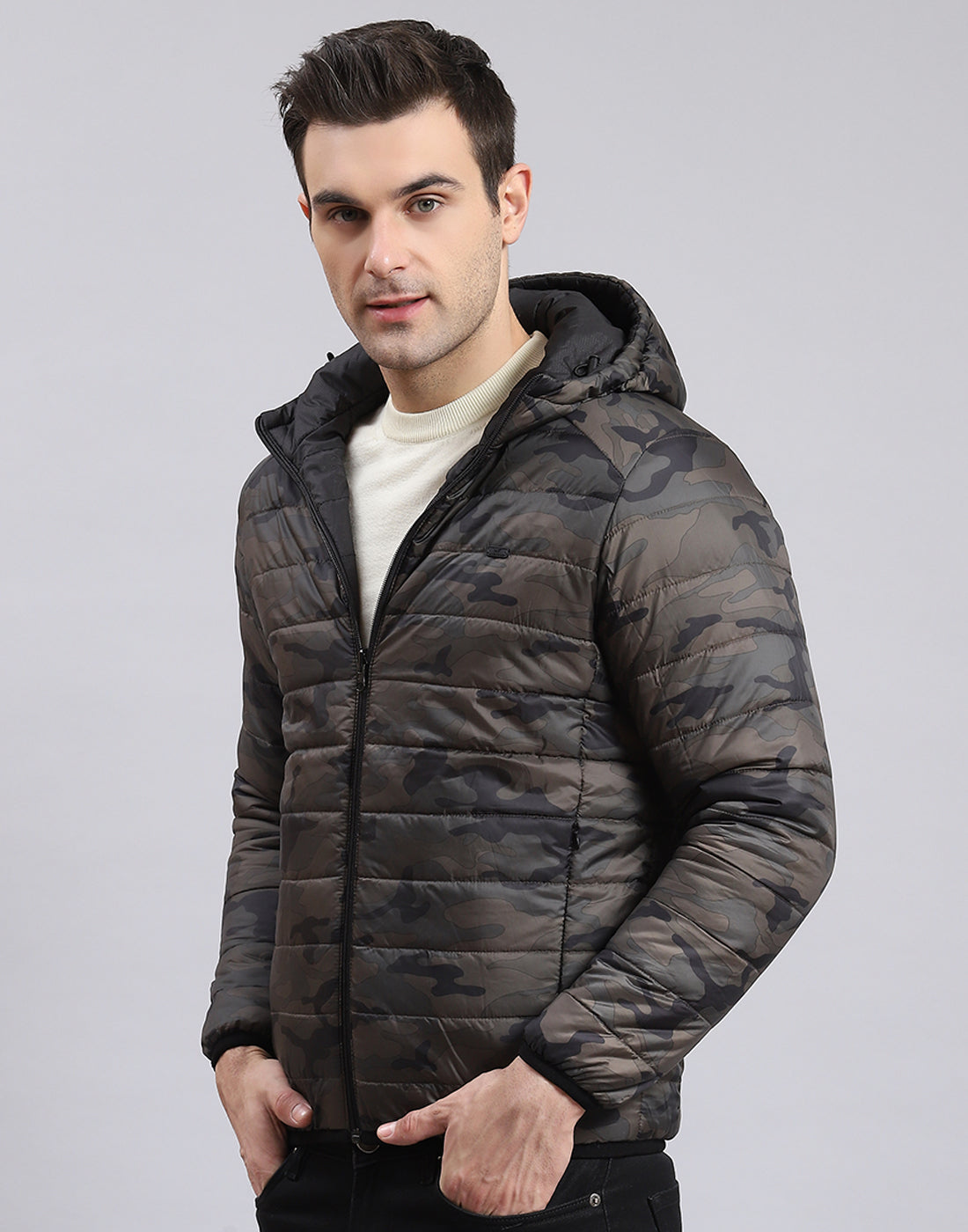 Men Black Printed Stand Collar Full Sleeve Jacket