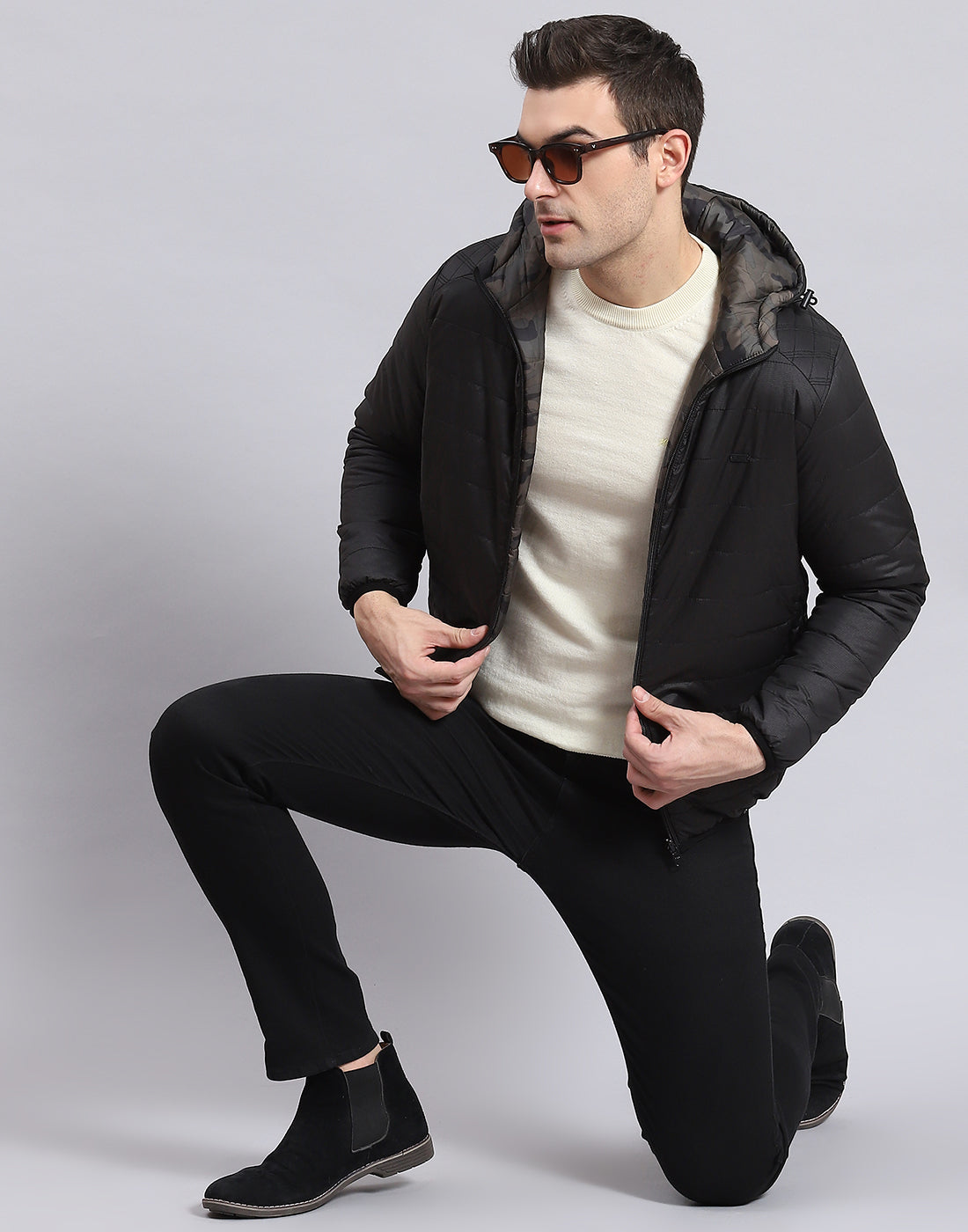 Men Black Printed Stand Collar Full Sleeve Jacket