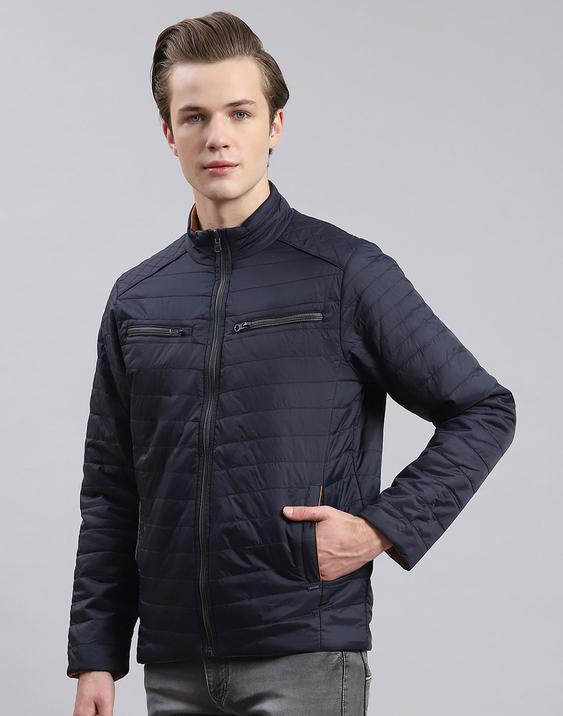 Men Navy Blue Solid Stand Collar Full Sleeve Jacket