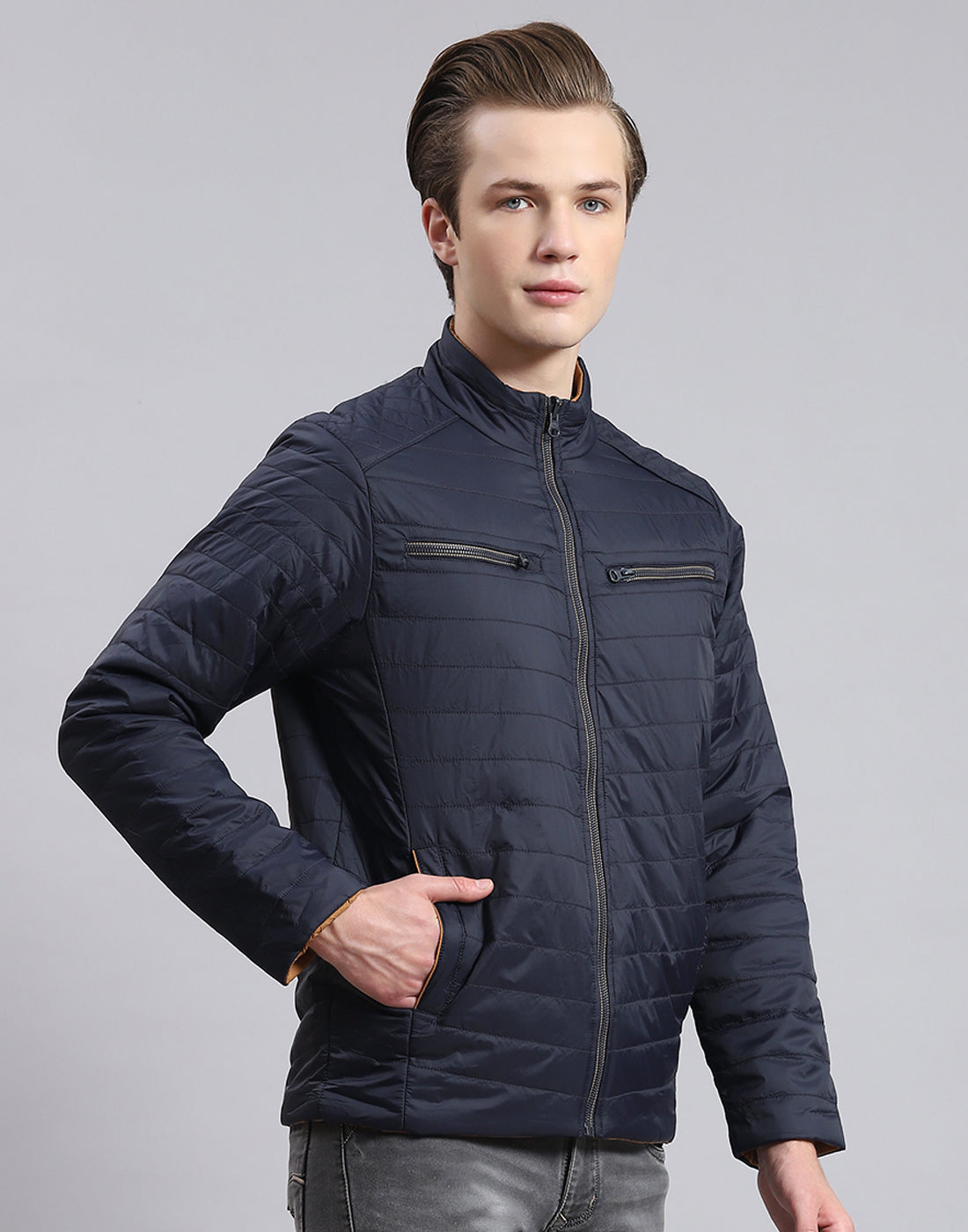 Men Navy Blue Solid Stand Collar Full Sleeve Jacket
