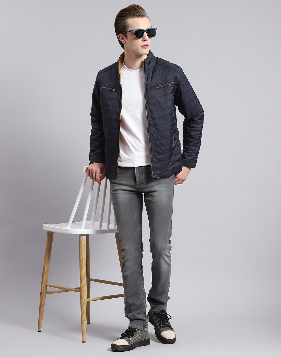 Men Navy Blue Solid Stand Collar Full Sleeve Jacket