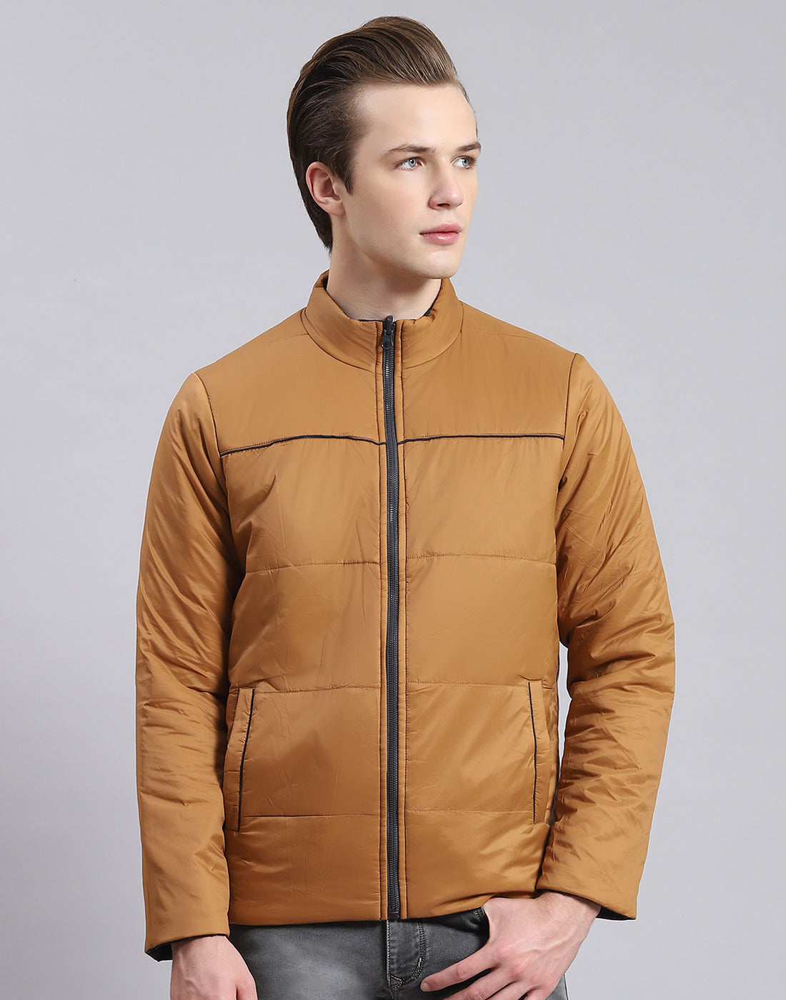 Men Navy Blue Solid Stand Collar Full Sleeve Jacket