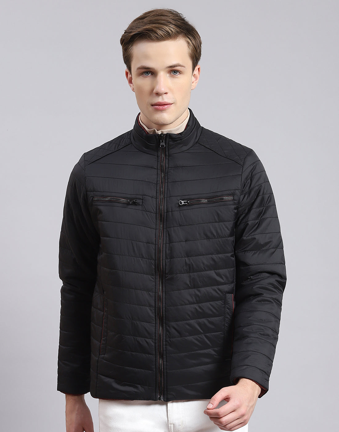Men Black Solid Stand Collar Full Sleeve Jacket