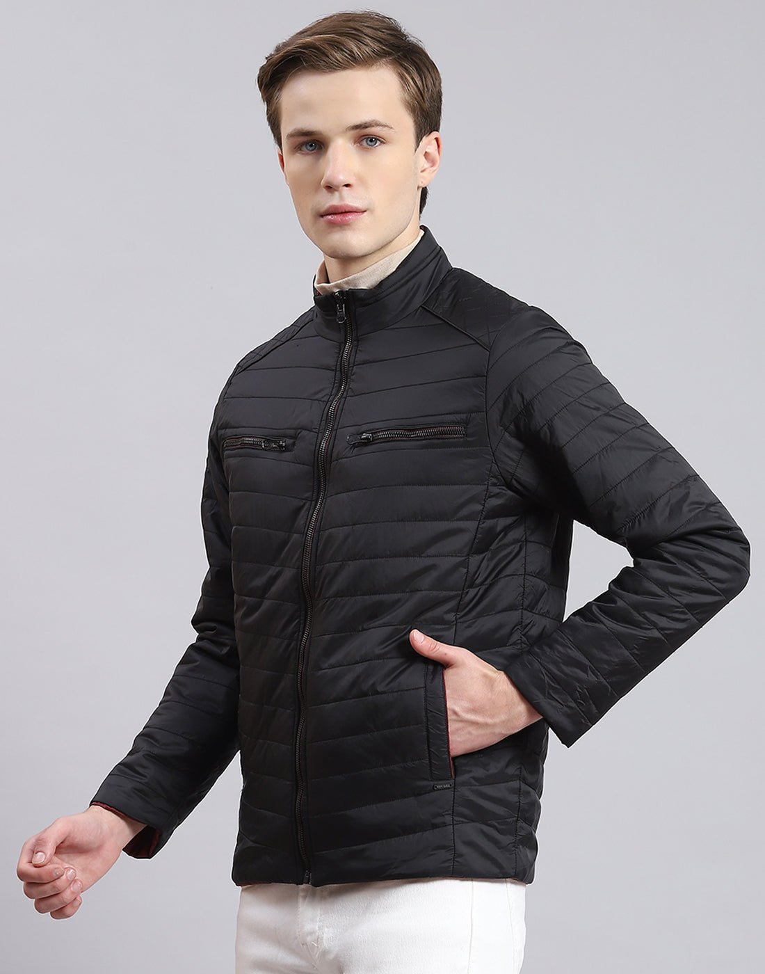 Men Black Solid Stand Collar Full Sleeve Jacket