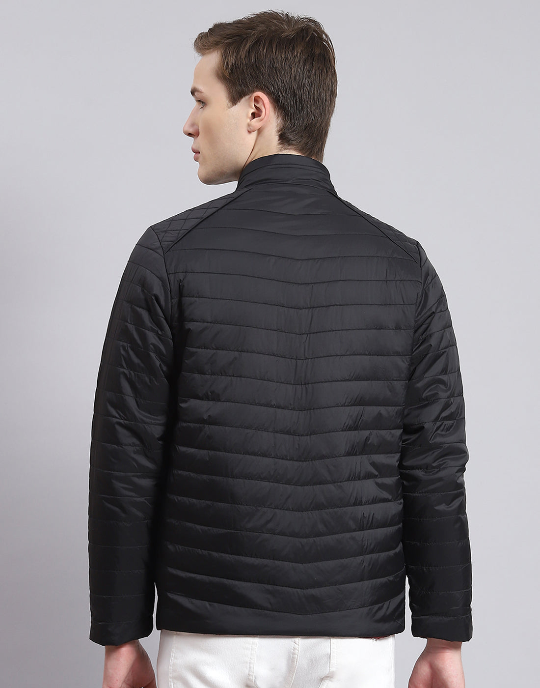 Men Black Solid Stand Collar Full Sleeve Jacket