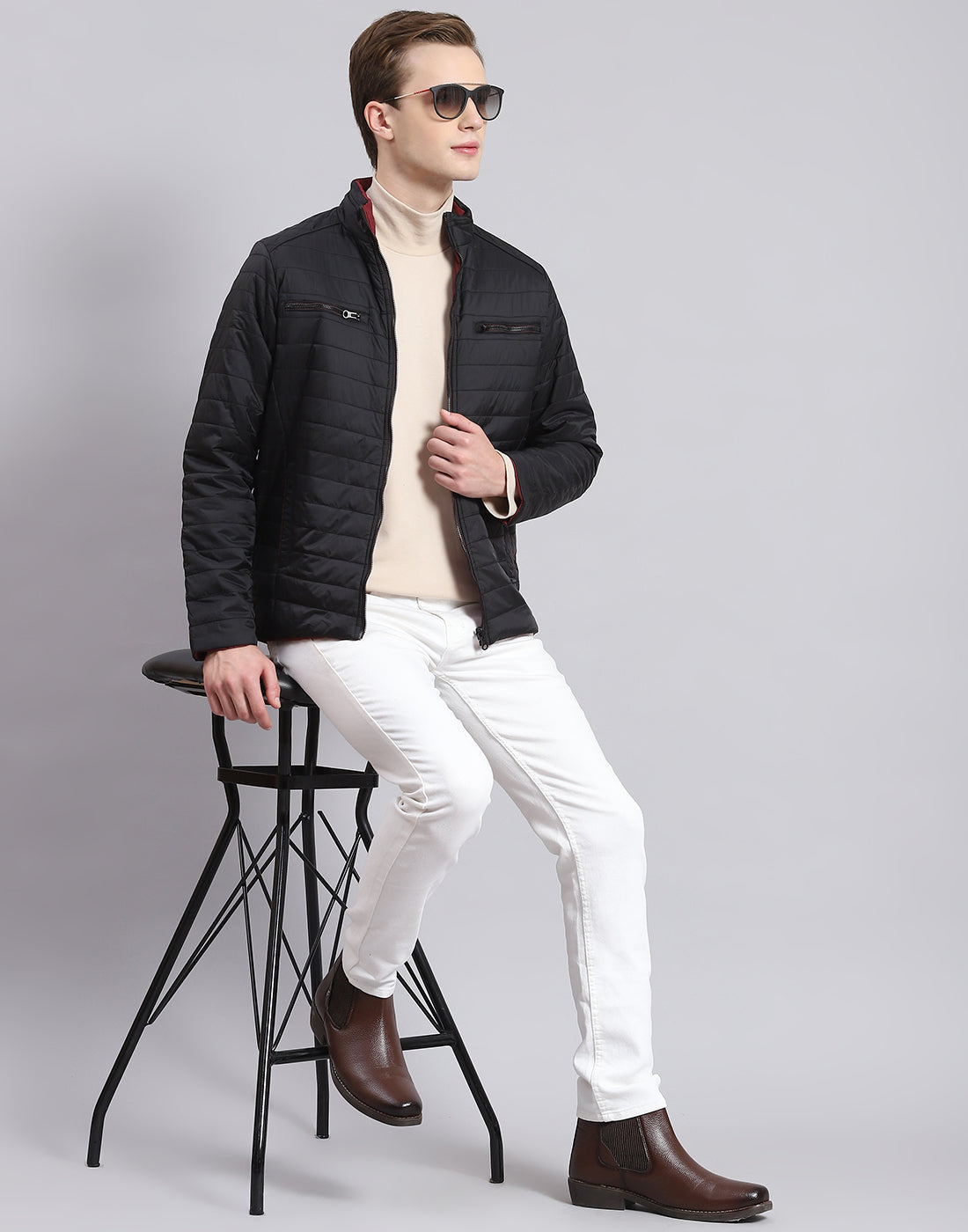 Men Black Solid Stand Collar Full Sleeve Jacket