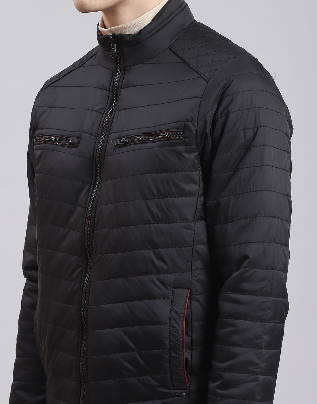 Men Black Solid Stand Collar Full Sleeve Jacket