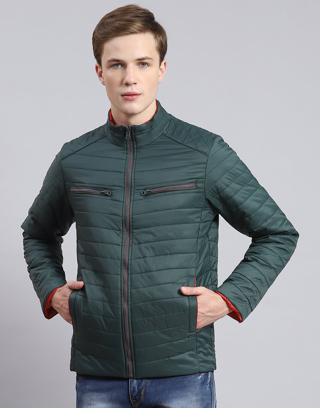 Men Olive Solid Stand Collar Full Sleeve Jacket
