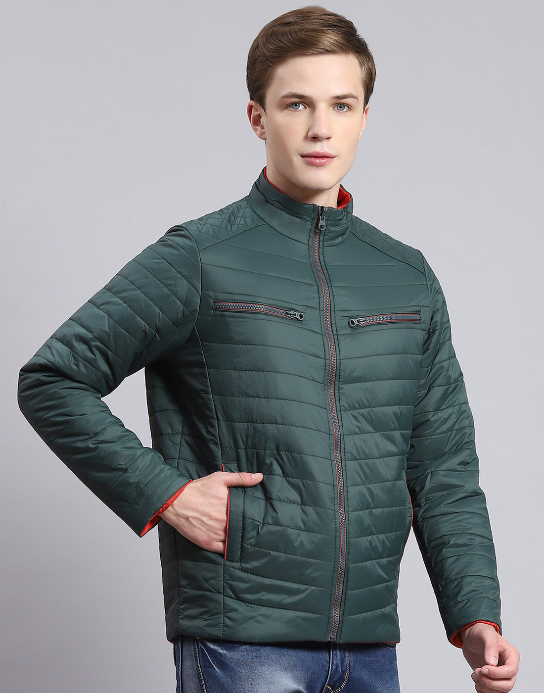 Men Olive Solid Stand Collar Full Sleeve Jacket