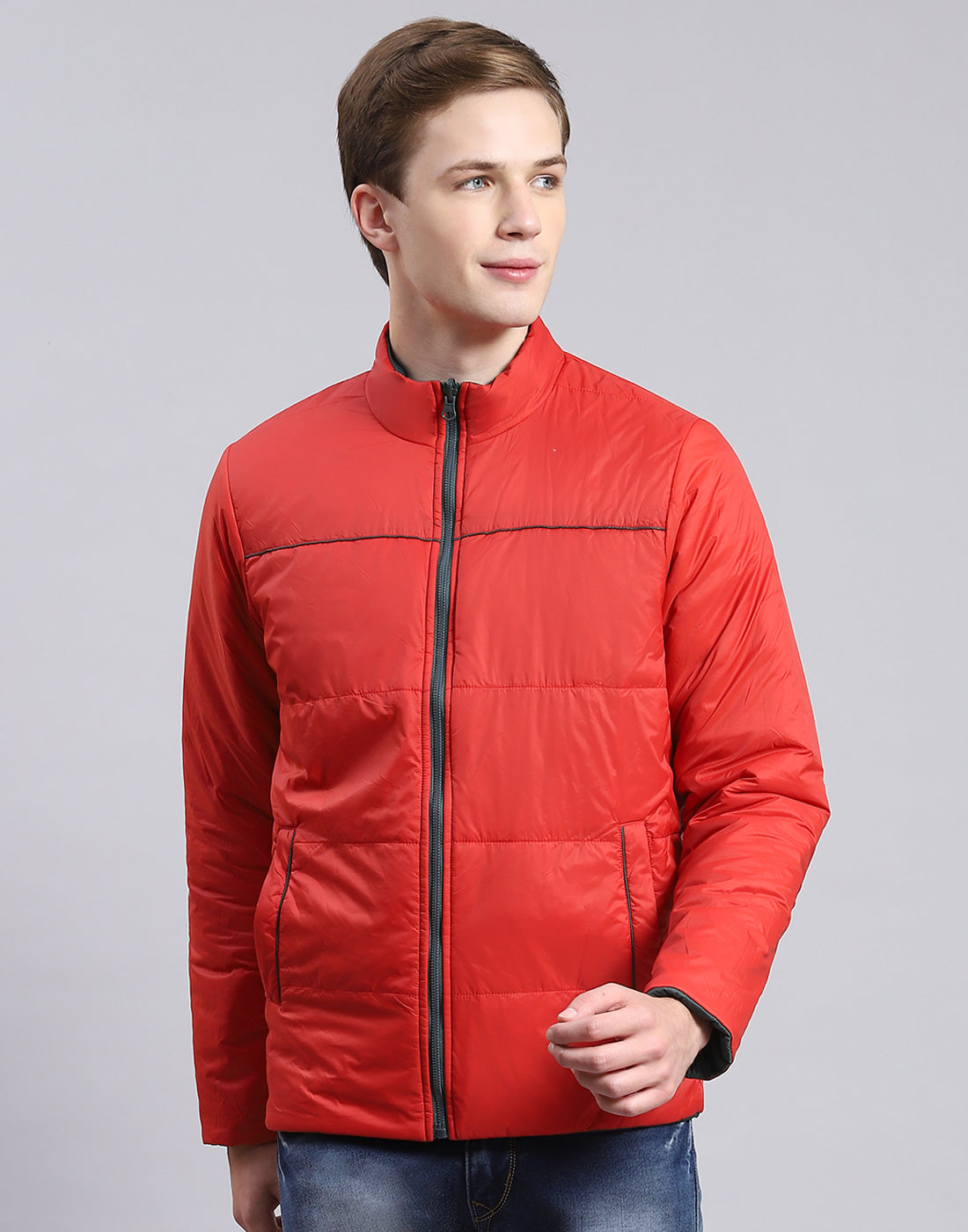 Men Olive Solid Stand Collar Full Sleeve Jacket