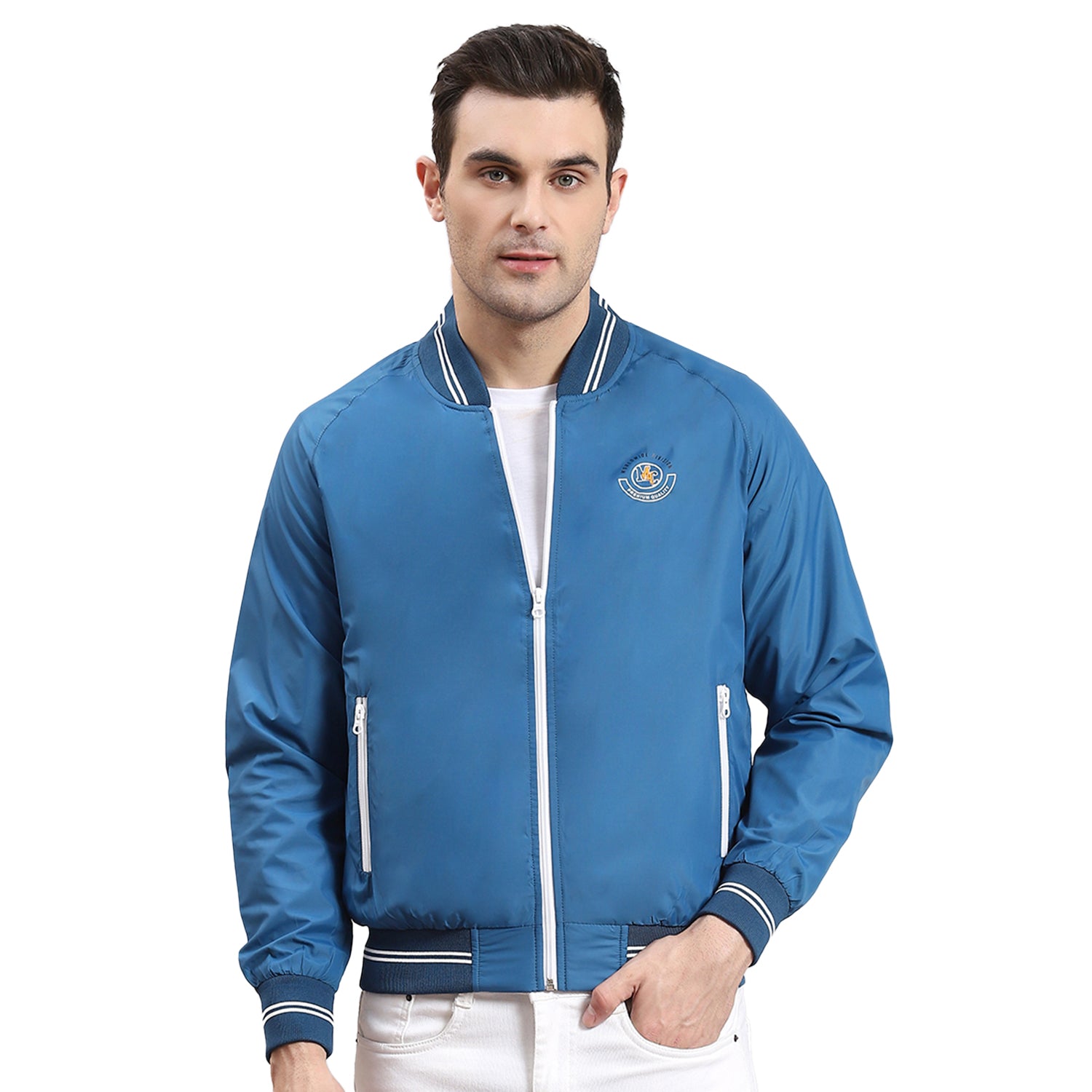 Men Blue Solid Mandarin Collar Full Sleeve Jacket