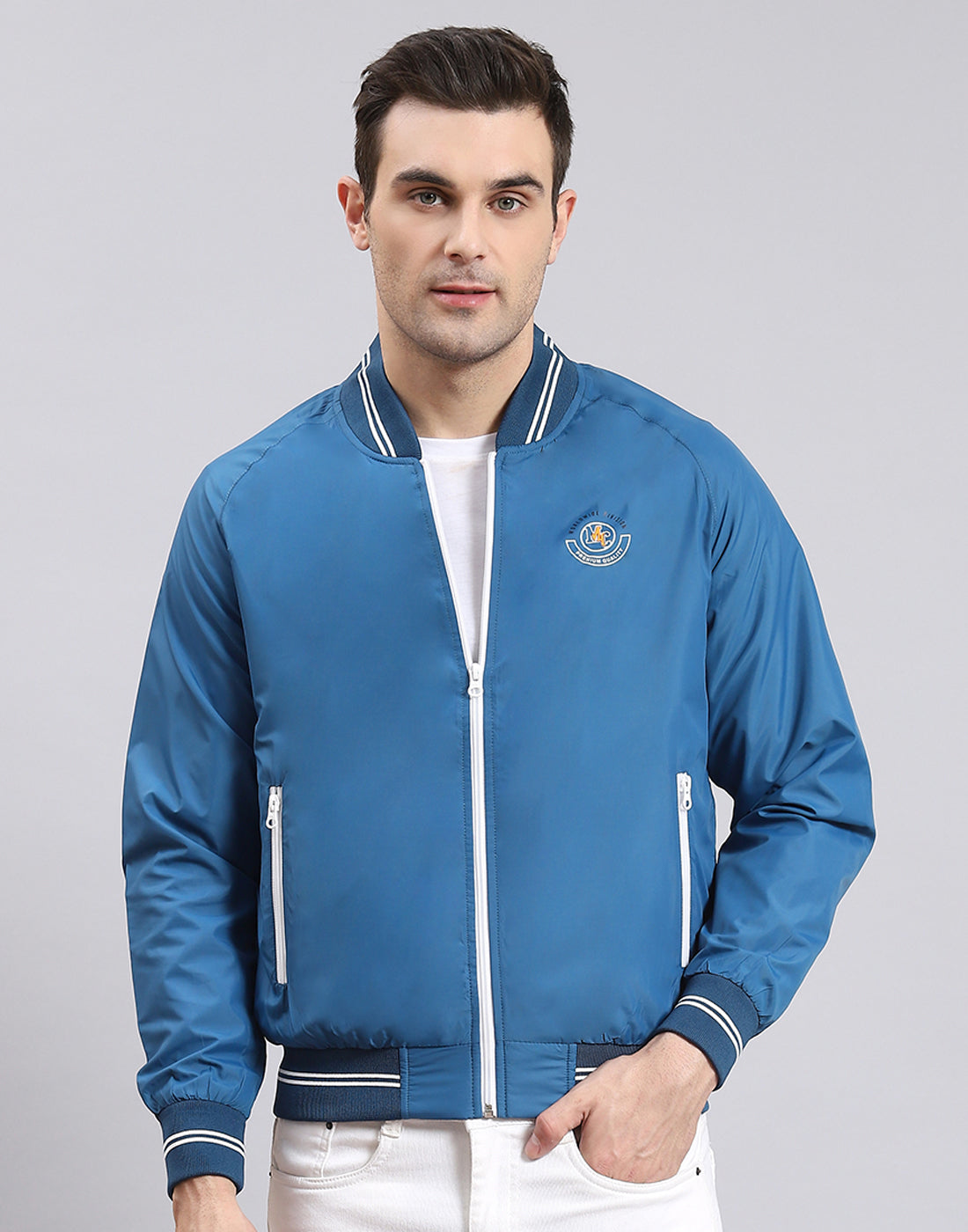 Men Blue Solid Mandarin Collar Full Sleeve Jacket