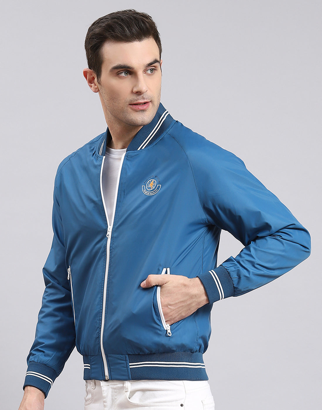 Men Blue Solid Mandarin Collar Full Sleeve Jacket