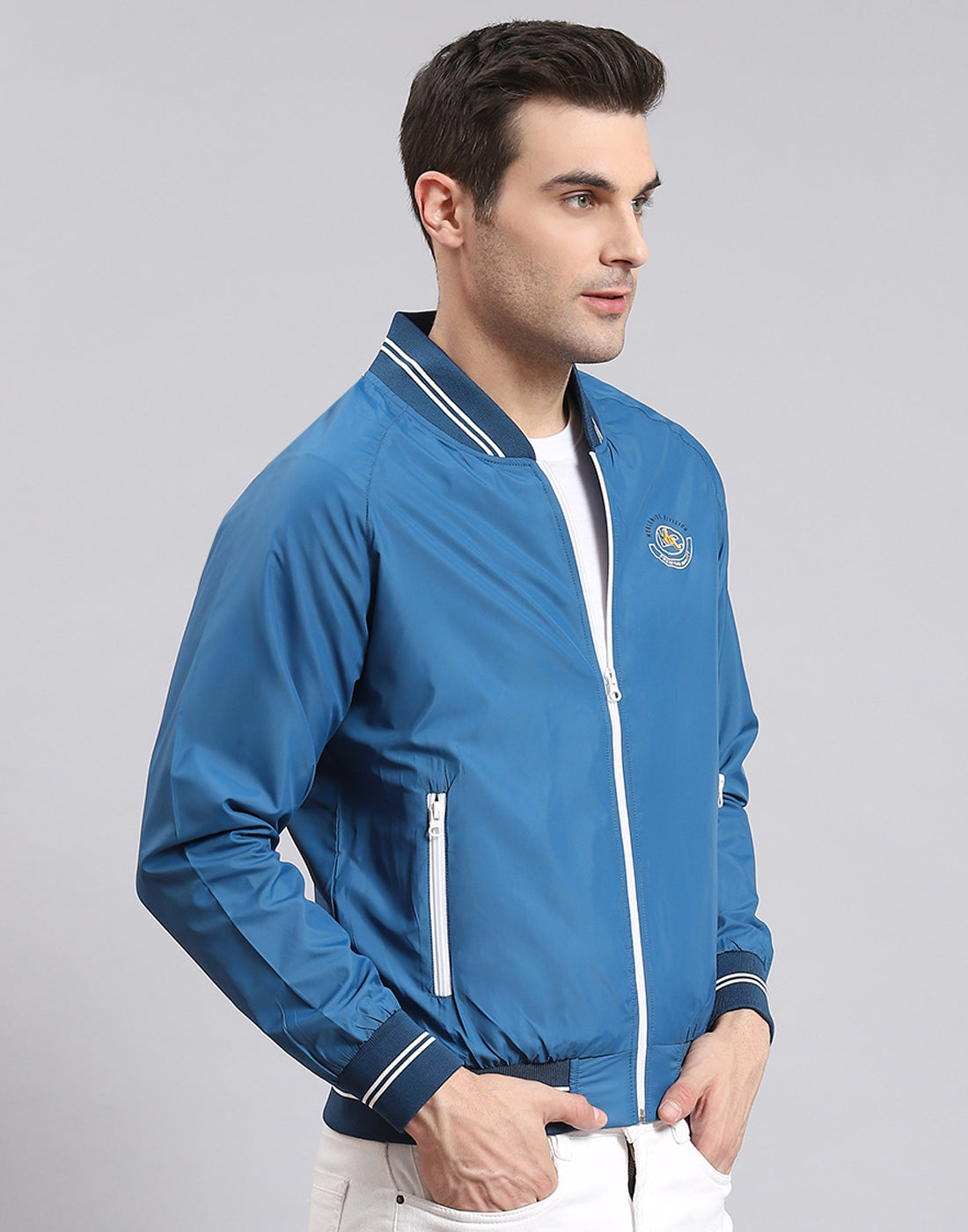 Men Blue Solid Mandarin Collar Full Sleeve Jacket