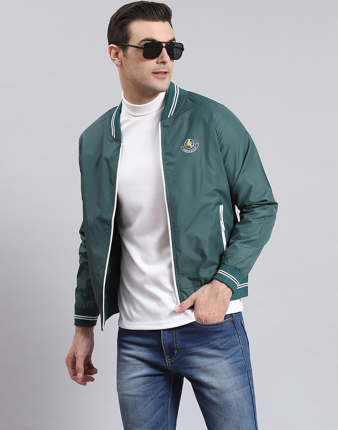 Men Teal Blue Solid Mandarin Collar Full Sleeve Jacket