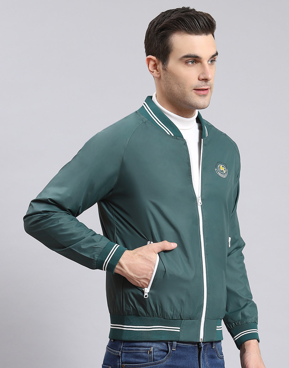 Men Teal Blue Solid Mandarin Collar Full Sleeve Jacket