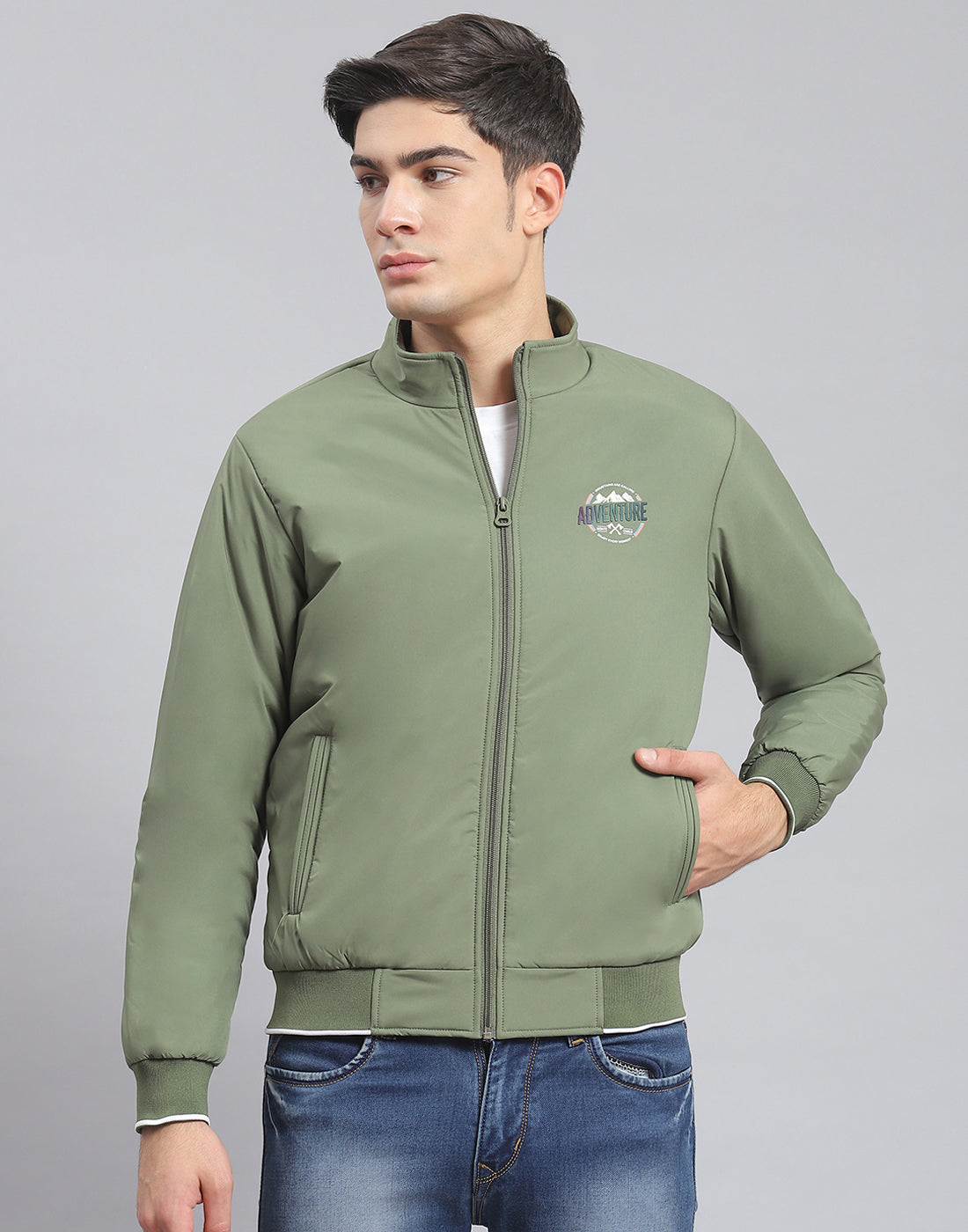 Men Green Solid Stand Collar Full Sleeve Jacket