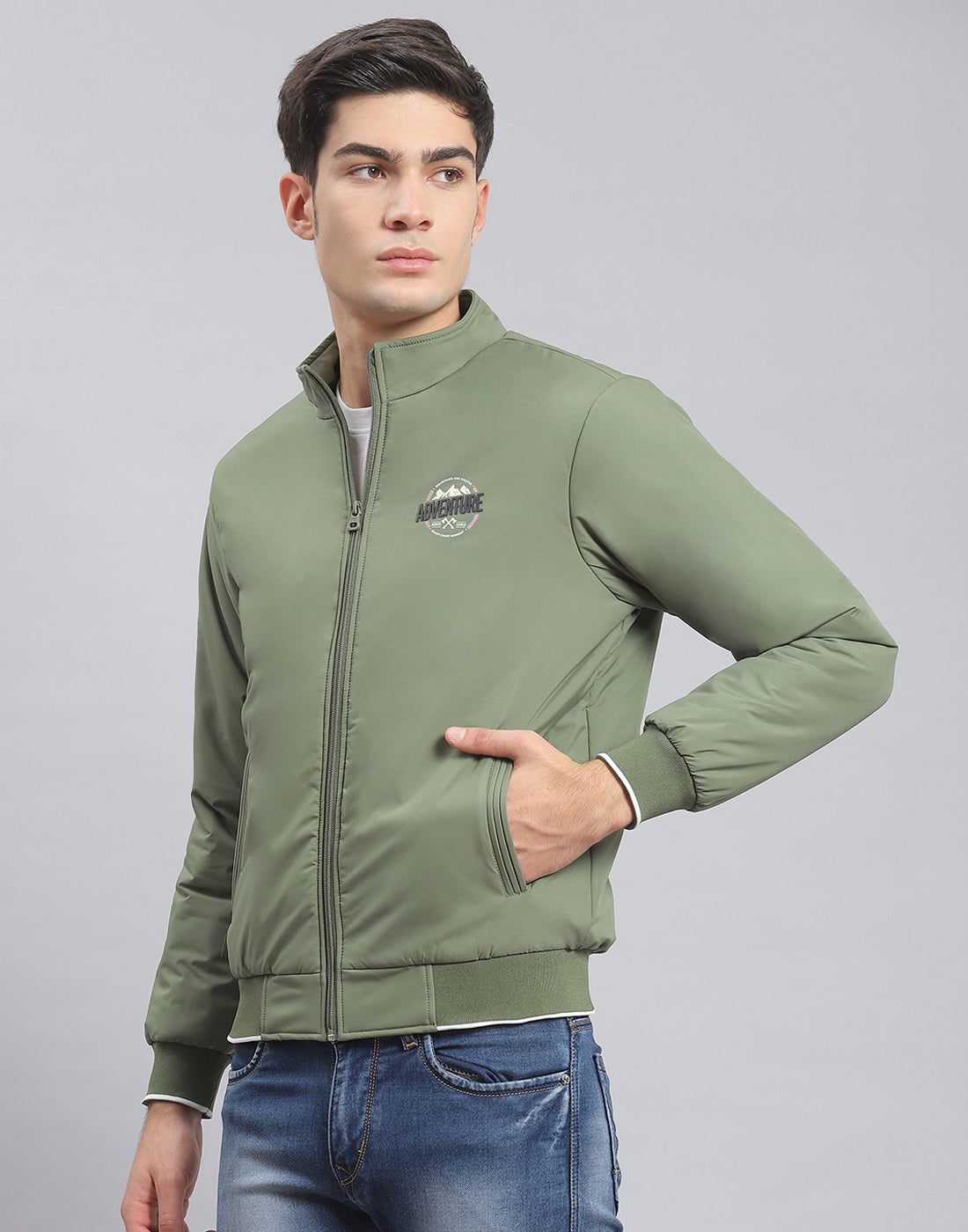 Men Green Solid Stand Collar Full Sleeve Jacket