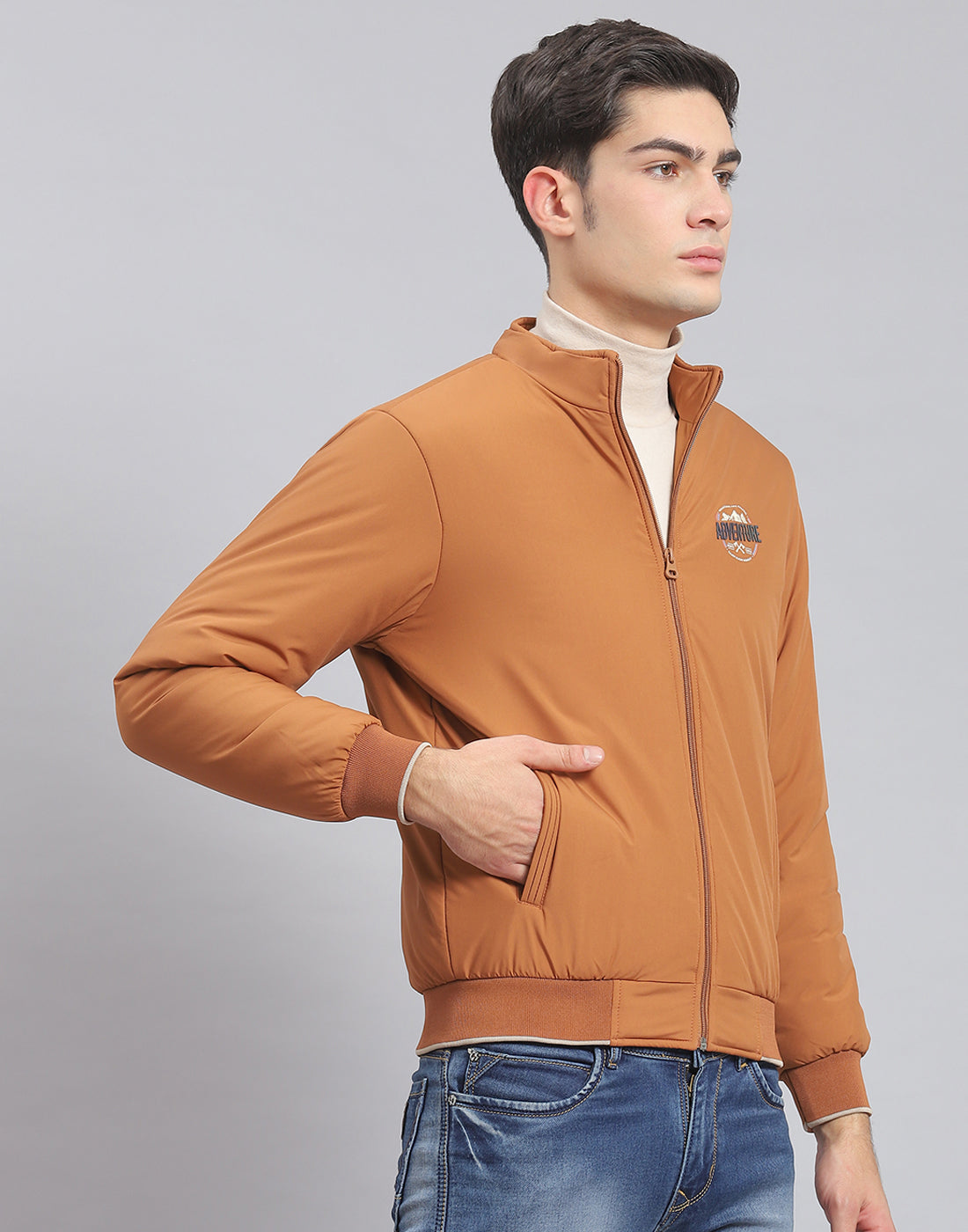 Men Brown Solid Stand Collar Full Sleeve Jacket