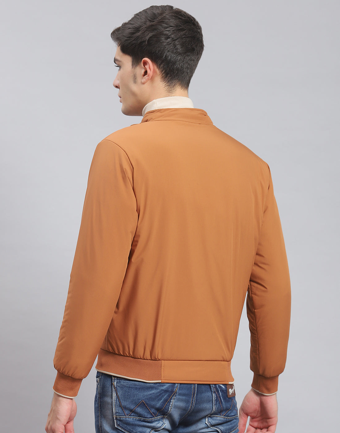 Men Brown Solid Stand Collar Full Sleeve Jacket