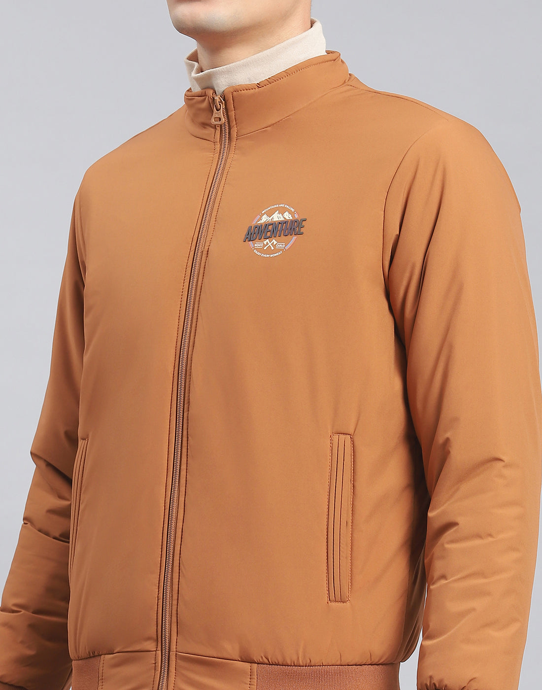 Men Brown Solid Stand Collar Full Sleeve Jacket