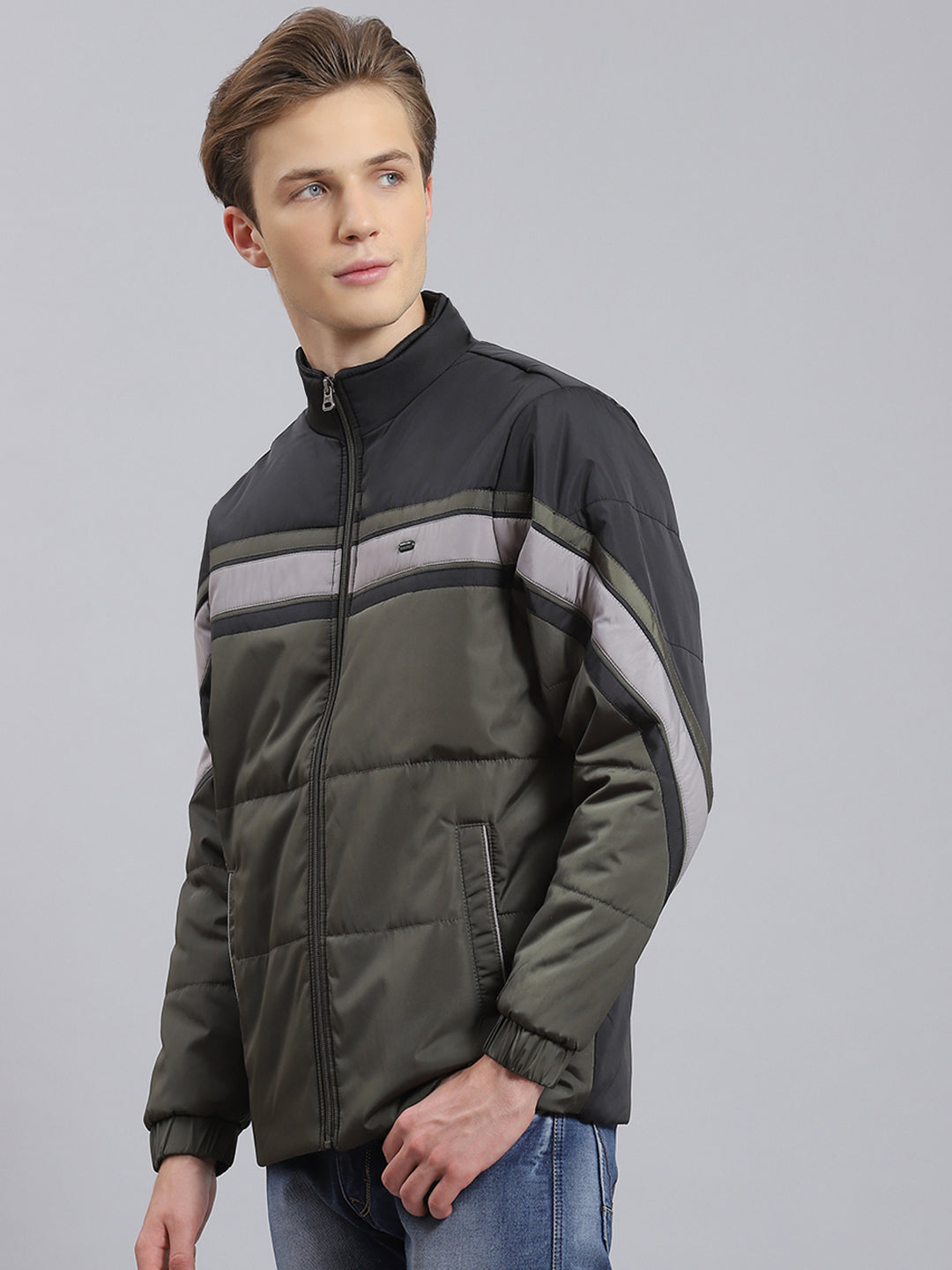 Men Green Solid Stand Collar Full Sleeve Jacket