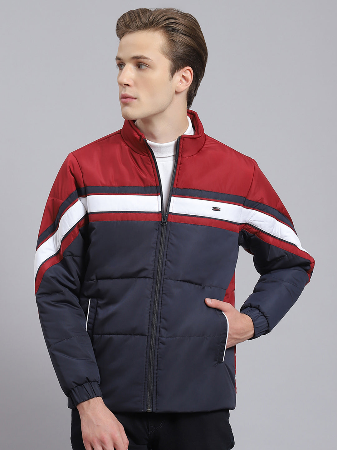 Men Navy Blue Solid Stand Collar Full Sleeve Jacket