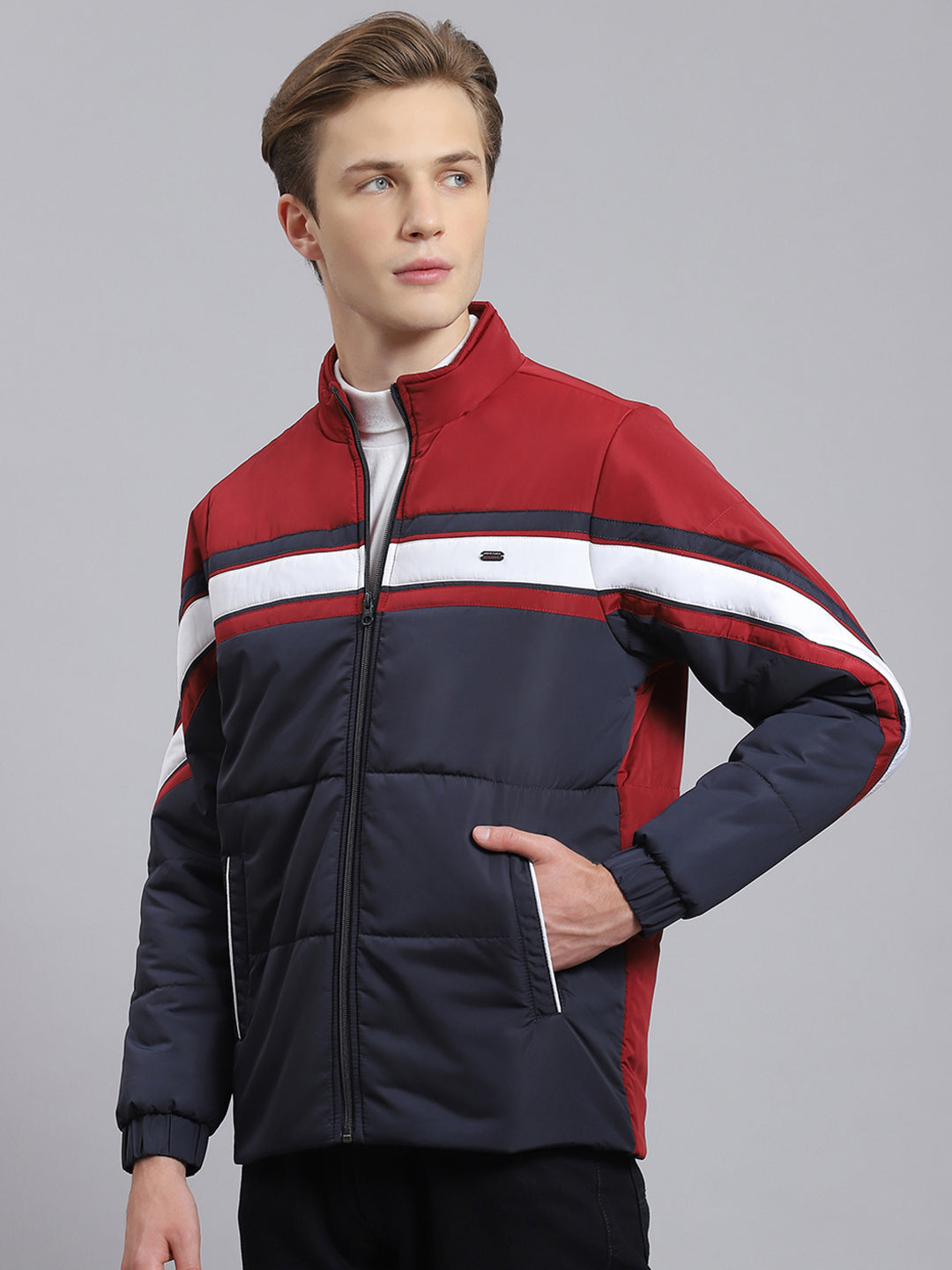 Men Navy Blue Solid Stand Collar Full Sleeve Jacket