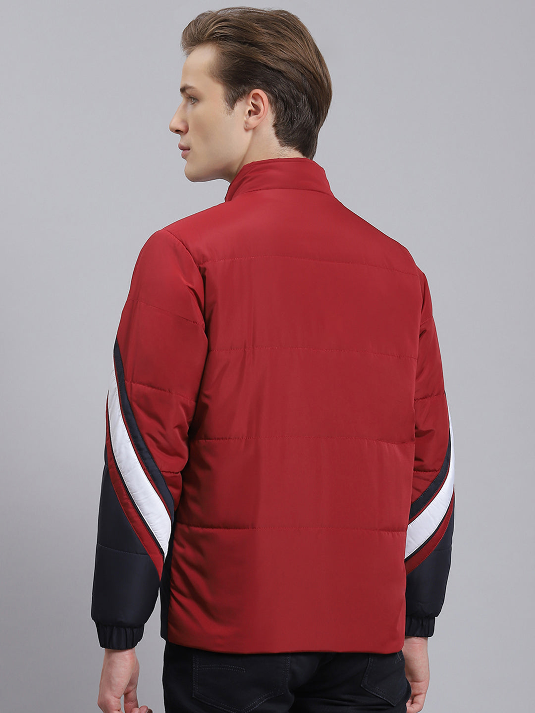 Men Navy Blue Solid Stand Collar Full Sleeve Jacket